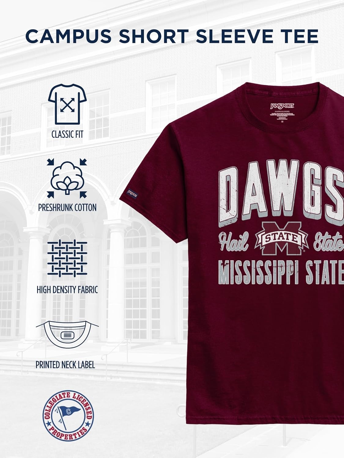 image:imageJanSport NCAA Officially Licensed Campus Short Sleeve T Shirt for Men Soft amp Breathable PreShrunk Cotton Crewneck T ShirtMississippi State Bulldogs