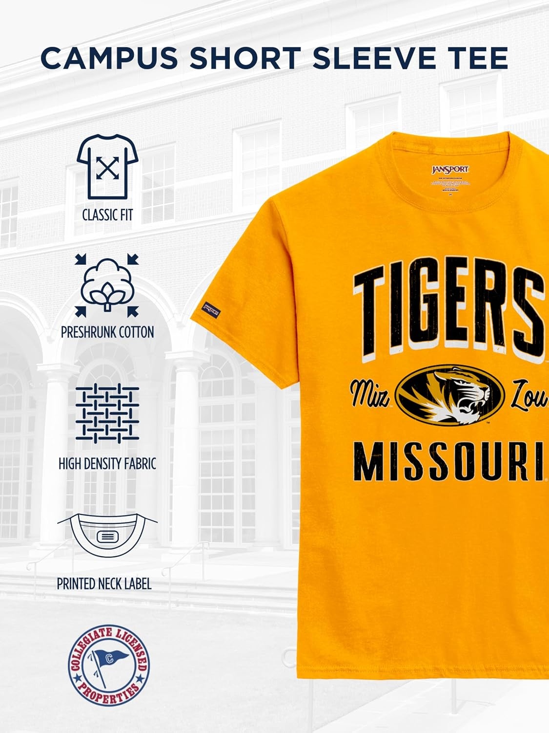 image:imageJanSport NCAA Officially Licensed Campus Short Sleeve T Shirt for Men Soft amp Breathable PreShrunk Cotton Crewneck T ShirtMissouri Tigers
