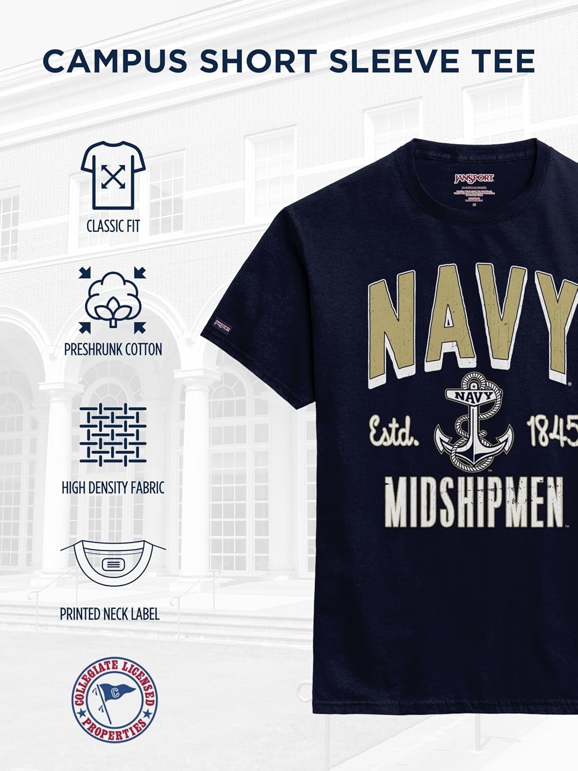 image:imageJanSport NCAA Officially Licensed Campus Short Sleeve T Shirt for Men Soft amp Breathable PreShrunk Cotton Crewneck T ShirtNavy Midshipmen