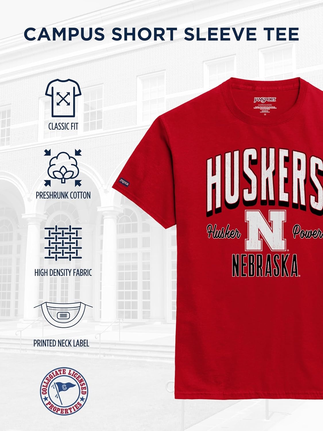 image:imageJanSport NCAA Officially Licensed Campus Short Sleeve T Shirt for Men Soft amp Breathable PreShrunk Cotton Crewneck T ShirtNebraska Cornhuskers