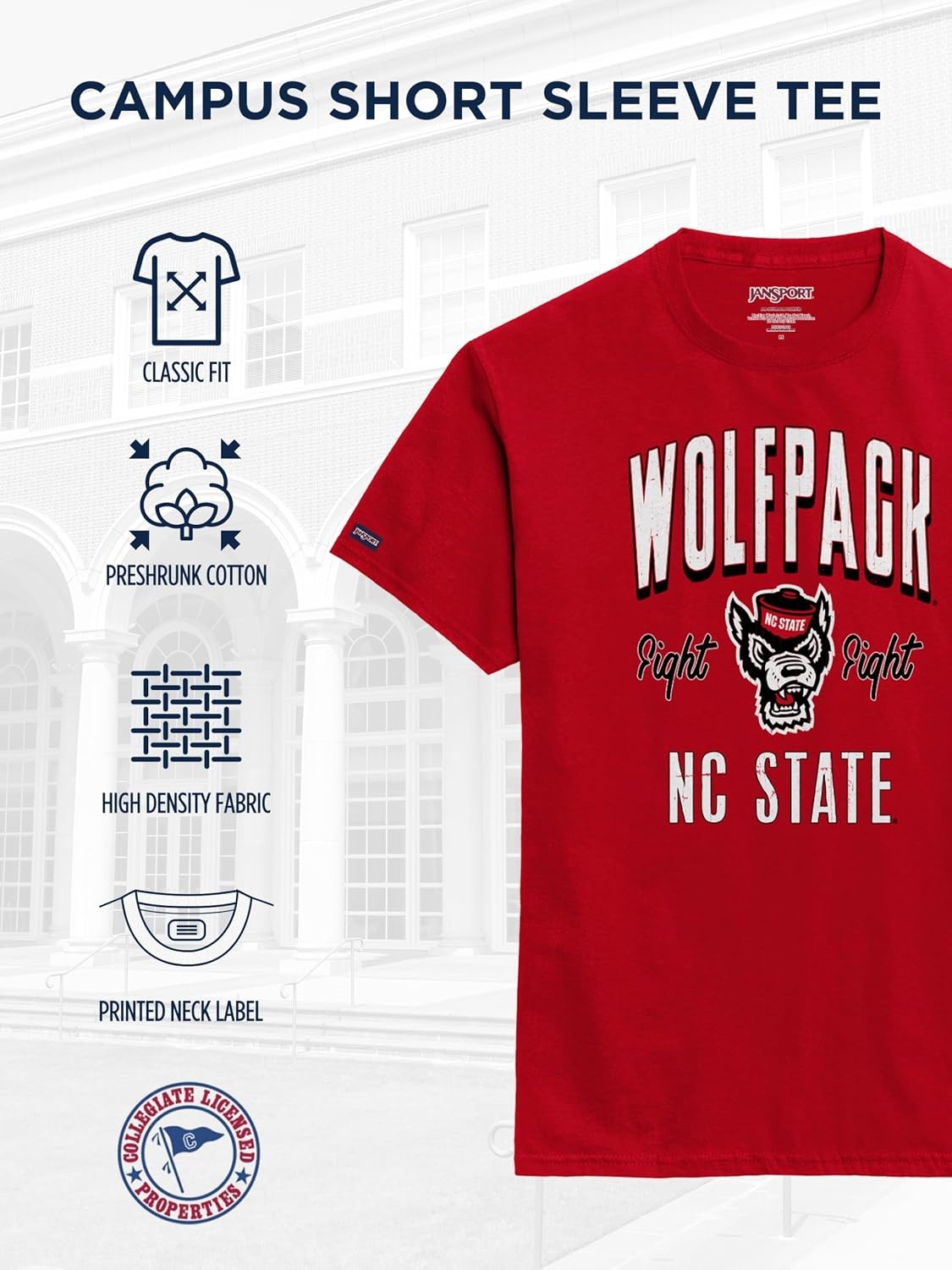 image:imageJanSport NCAA Officially Licensed Campus Short Sleeve T Shirt for Men Soft amp Breathable PreShrunk Cotton Crewneck T ShirtNorth Carolina State Wolfpack