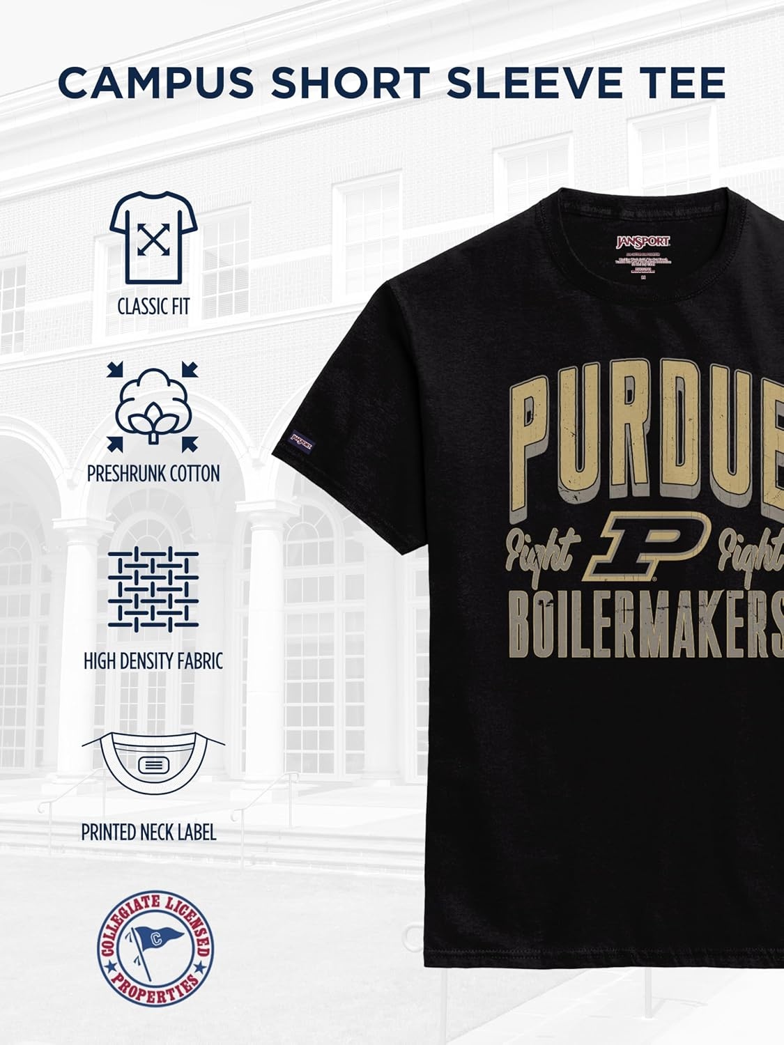 image:imageJanSport NCAA Officially Licensed Campus Short Sleeve T Shirt for Men Soft amp Breathable PreShrunk Cotton Crewneck T ShirtPurdue Boilermakers