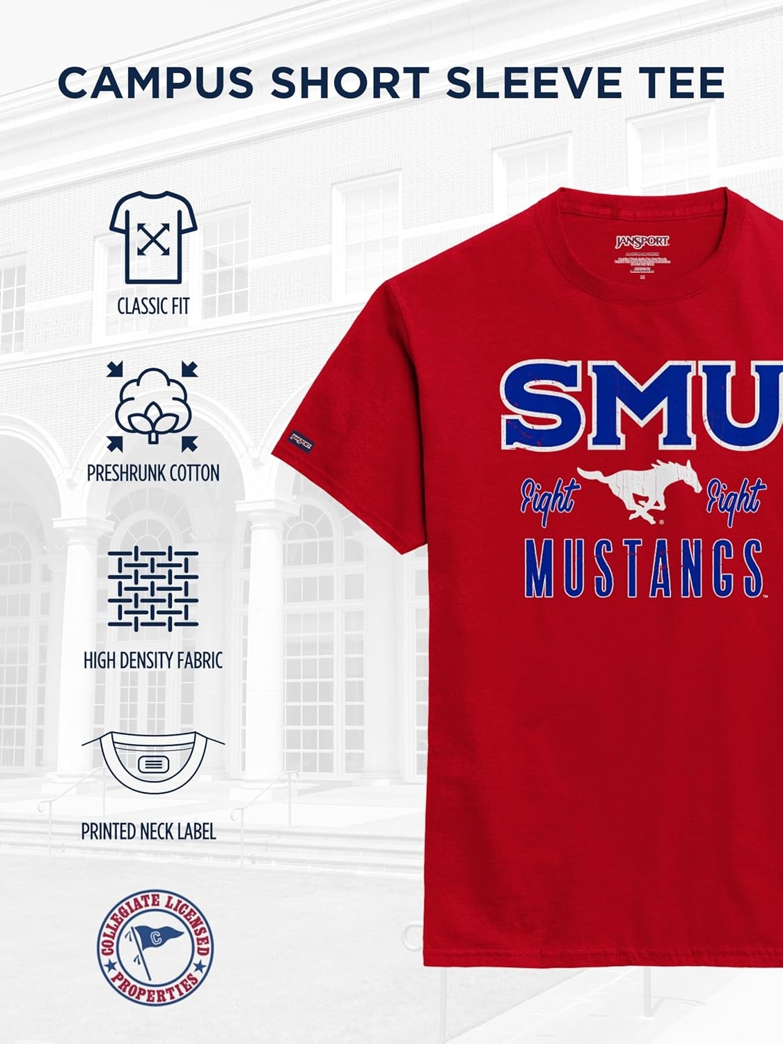 image:imageJanSport NCAA Officially Licensed Campus Short Sleeve T Shirt for Men Soft amp Breathable PreShrunk Cotton Crewneck T ShirtSMU Mustangs