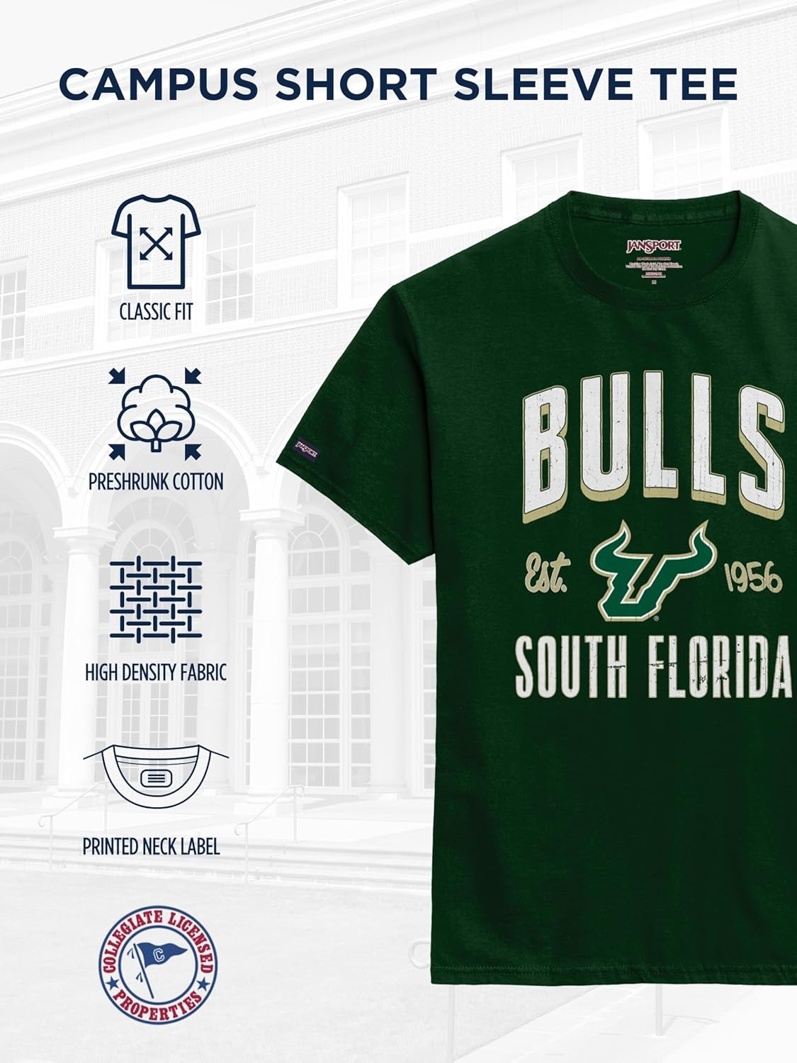 image:imageJanSport NCAA Officially Licensed Campus Short Sleeve T Shirt for Men Soft amp Breathable PreShrunk Cotton Crewneck T ShirtSouth Florida Bulls