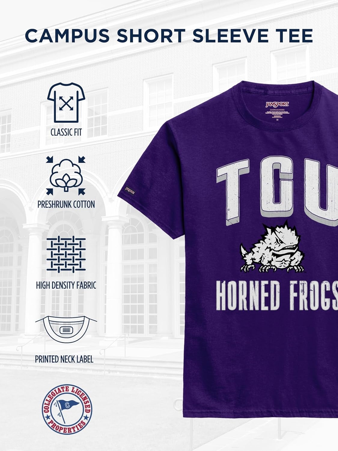 image:imageJanSport NCAA Officially Licensed Campus Short Sleeve T Shirt for Men Soft amp Breathable PreShrunk Cotton Crewneck T ShirtTCU Horned Frogs