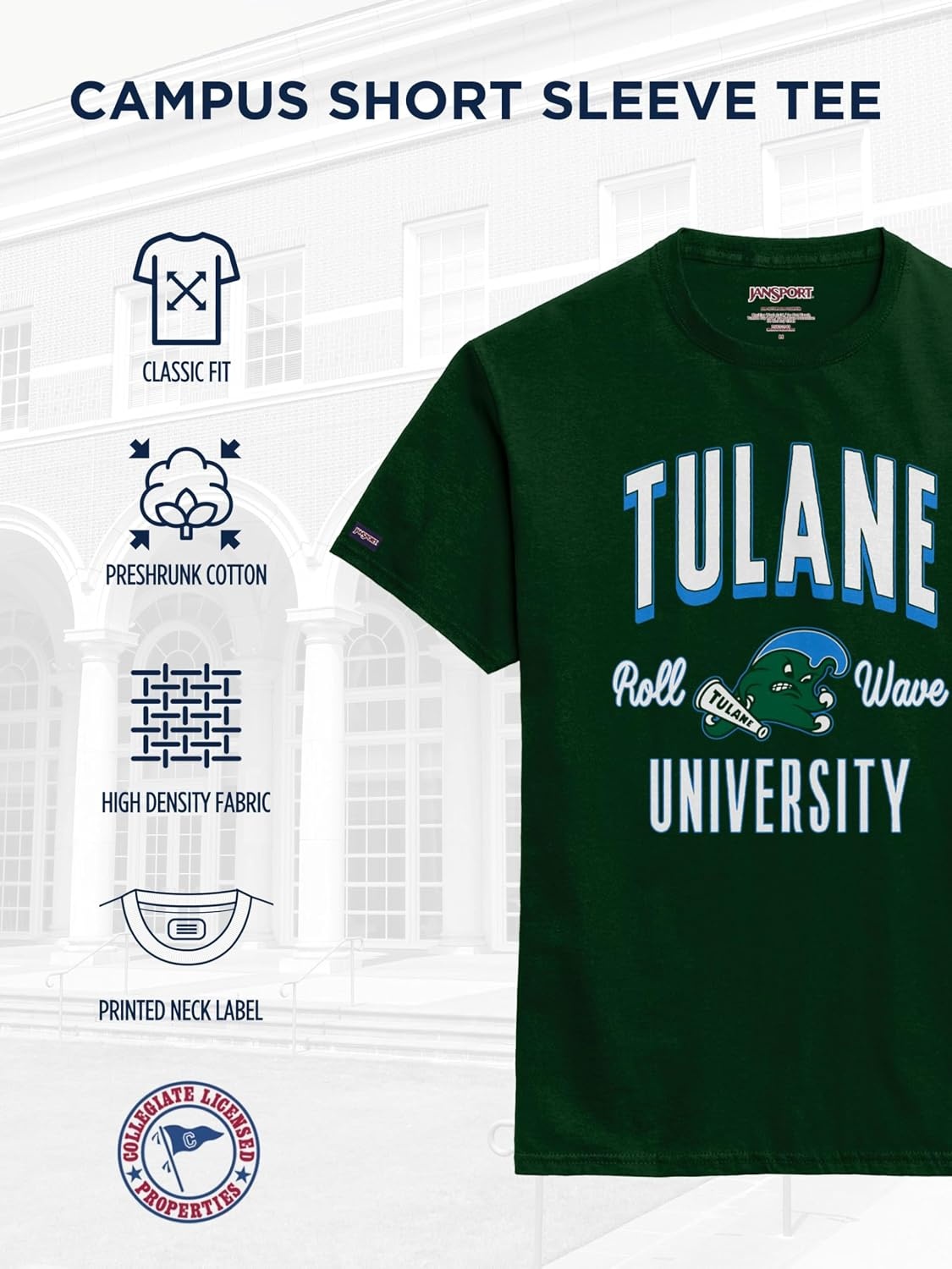 image:imageJanSport NCAA Officially Licensed Campus Short Sleeve T Shirt for Men Soft amp Breathable PreShrunk Cotton Crewneck T ShirtTulane Green Wave