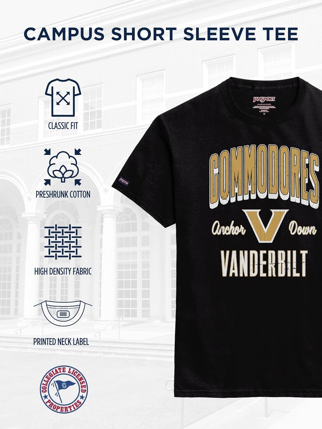 image:imageJanSport NCAA Officially Licensed Campus Short Sleeve T Shirt for Men Soft amp Breathable PreShrunk Cotton Crewneck T ShirtVanderbilt Commodores