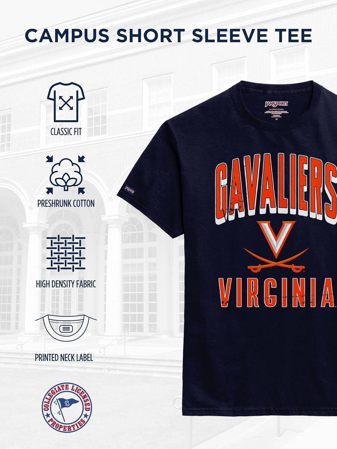 image:imageJanSport NCAA Officially Licensed Campus Short Sleeve T Shirt for Men Soft amp Breathable PreShrunk Cotton Crewneck T ShirtVirginia Cavaliers