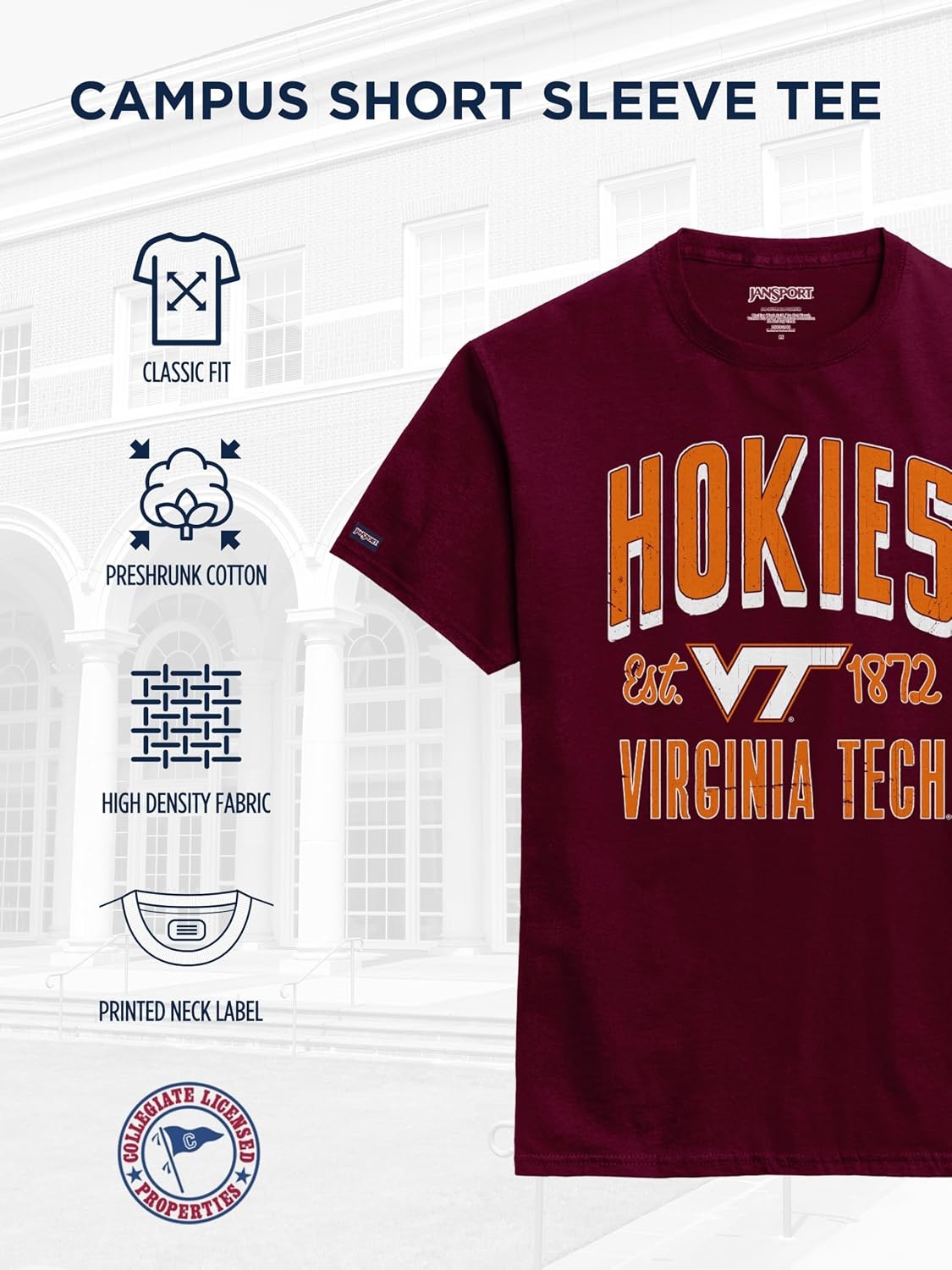 image:imageJanSport NCAA Officially Licensed Campus Short Sleeve T Shirt for Men Soft amp Breathable PreShrunk Cotton Crewneck T ShirtVirginia Tech Hokies