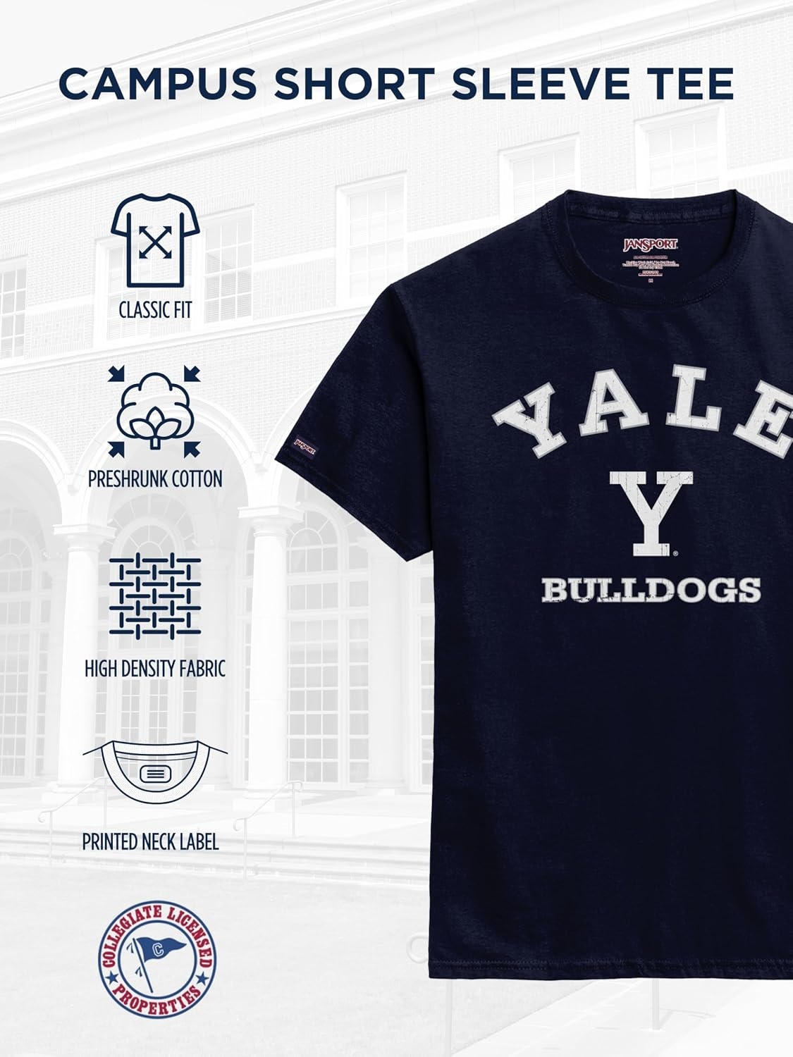 image:imageJanSport NCAA Officially Licensed Campus Short Sleeve T Shirt for Men Soft amp Breathable PreShrunk Cotton Crewneck T ShirtYale Bulldogs