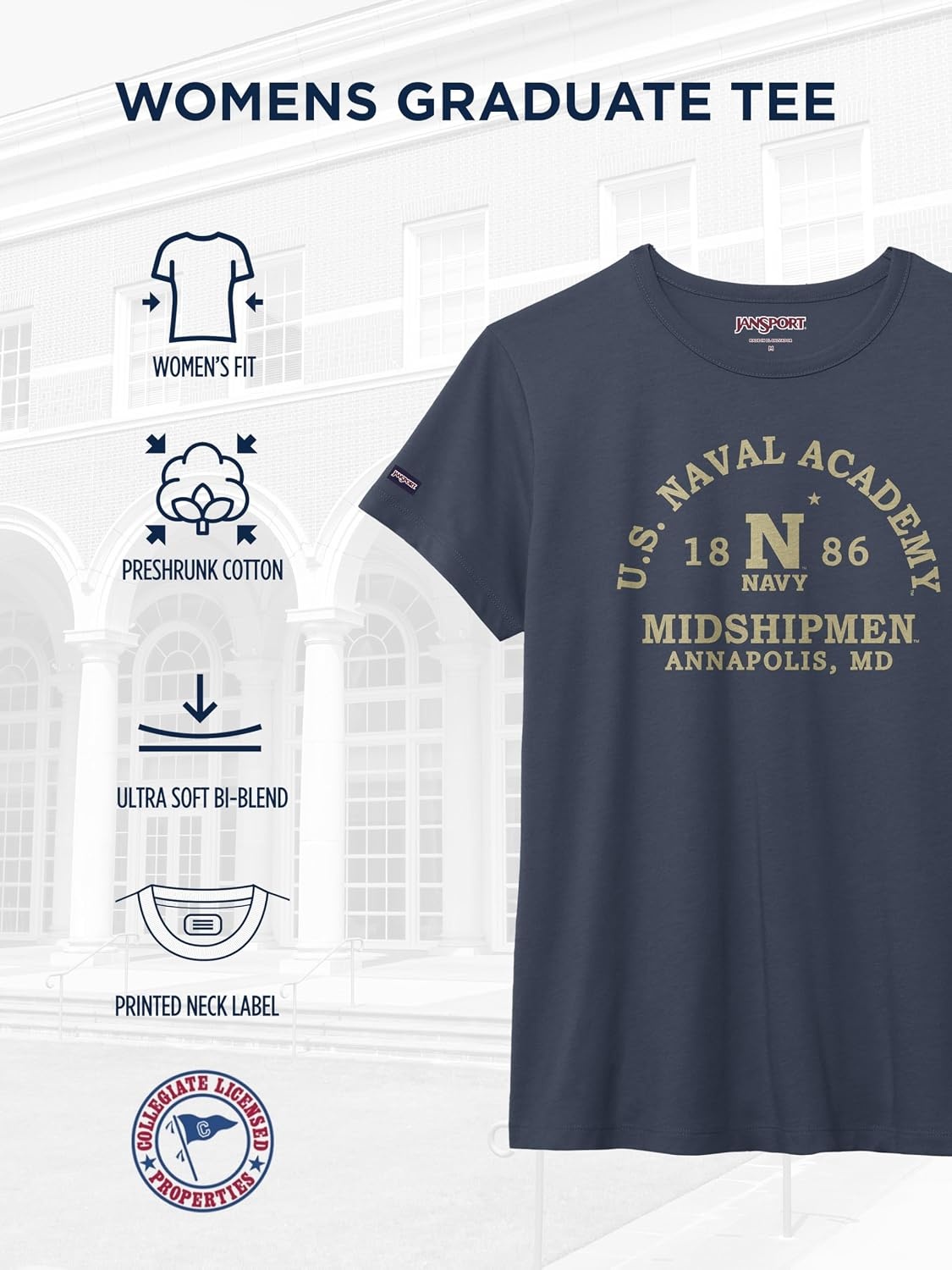 image:imageJanSport NCAA Officially Licensed Graduate Short Sleeve T Shirt for Women Soft amp Breathable CottonPolyester Blend Crewneck T Shirt with Graphic Detailing Everyday University Fan ApparelNavy Midshipmen