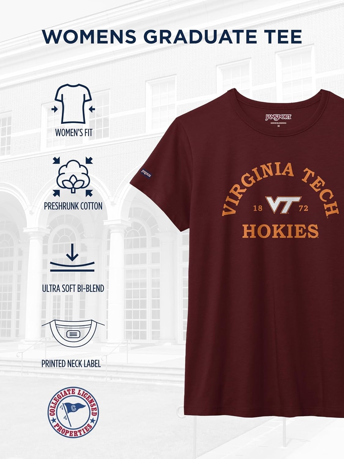 image:imageJanSport NCAA Officially Licensed Graduate Short Sleeve T Shirt for Women Soft amp Breathable CottonPolyester Blend Crewneck T Shirt with Graphic Detailing Everyday University Fan ApparelVirginia Tech Hokies