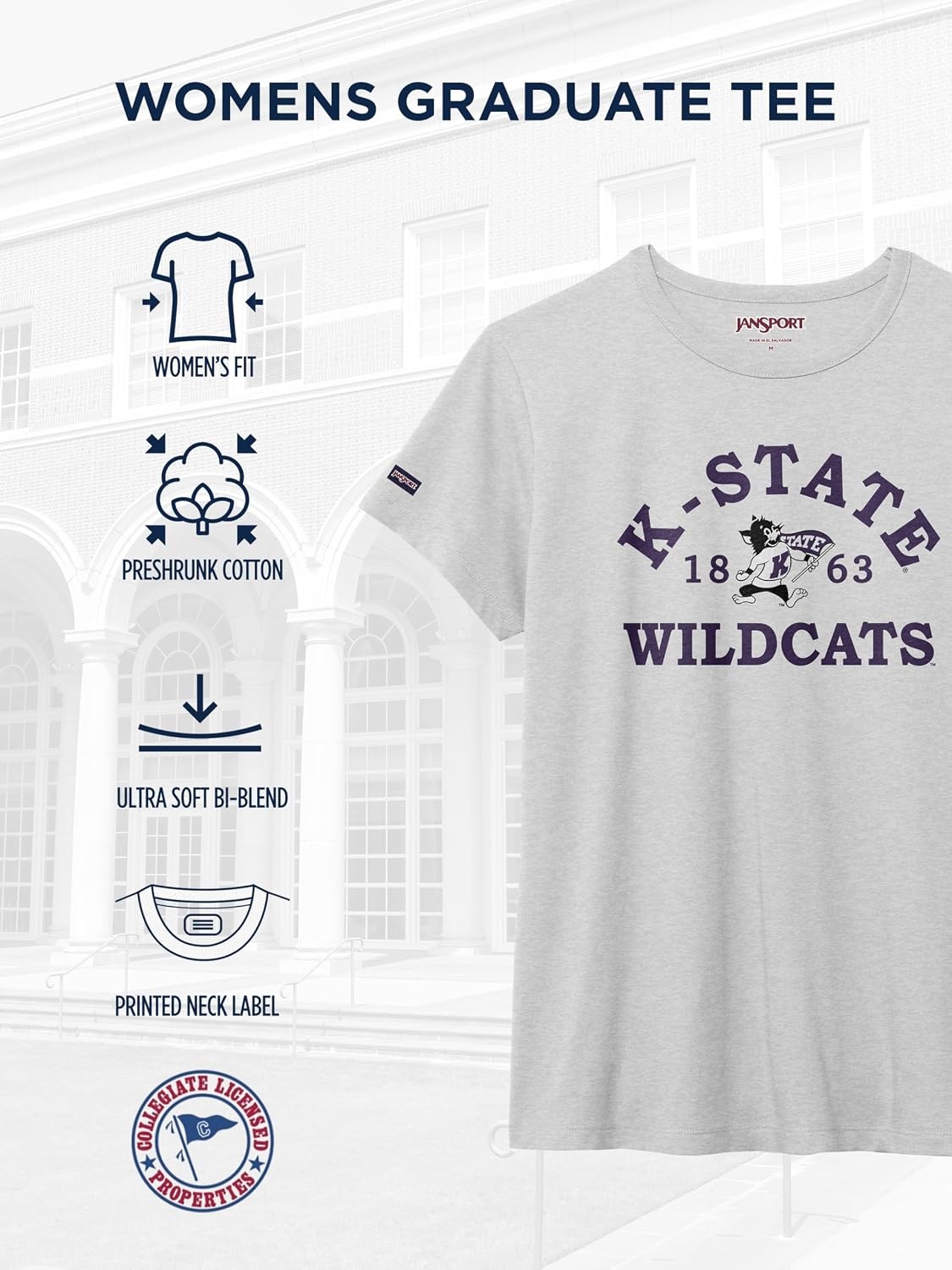 image:imageJanSport NCAA Officially Licensed Graduate Short Sleeve T Shirt for Women Soft amp Breathable CottonPolyester Blend Crewneck T Shirt with Graphic Detailing Everyday University Fan ApparelKansas State Wildcats