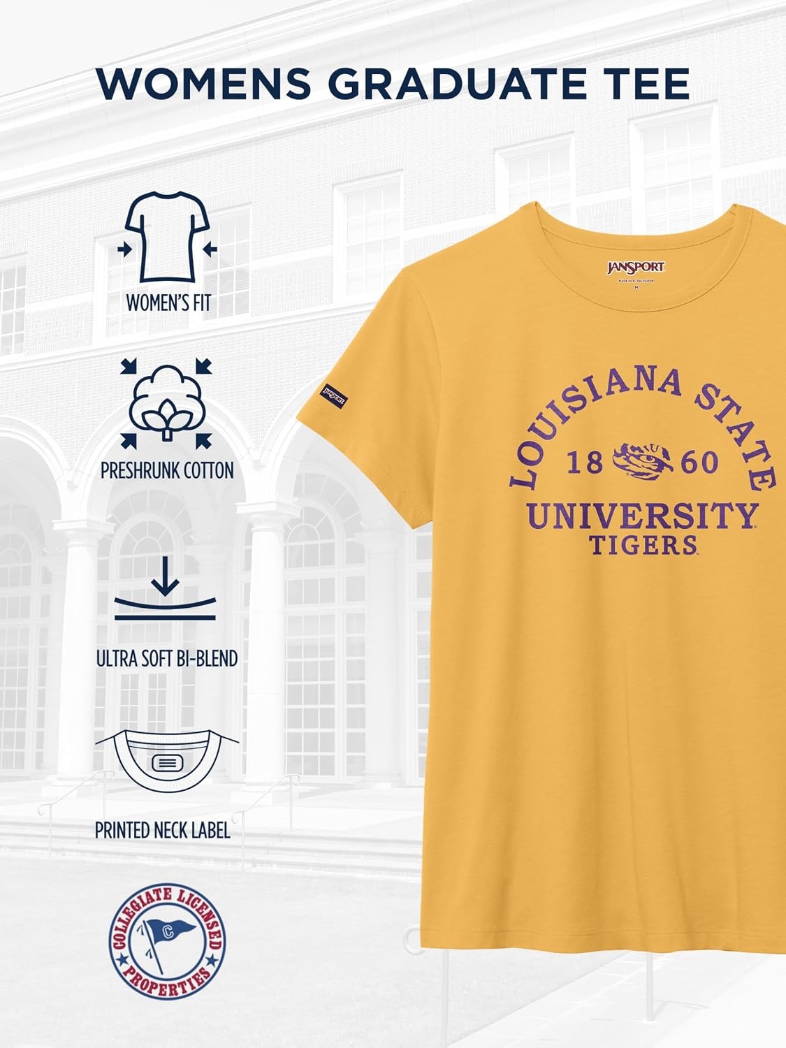 image:imageJanSport NCAA Officially Licensed Graduate Short Sleeve T Shirt for Women Soft amp Breathable CottonPolyester Blend Crewneck T Shirt with Graphic Detailing Everyday University Fan ApparelLSU Tigers