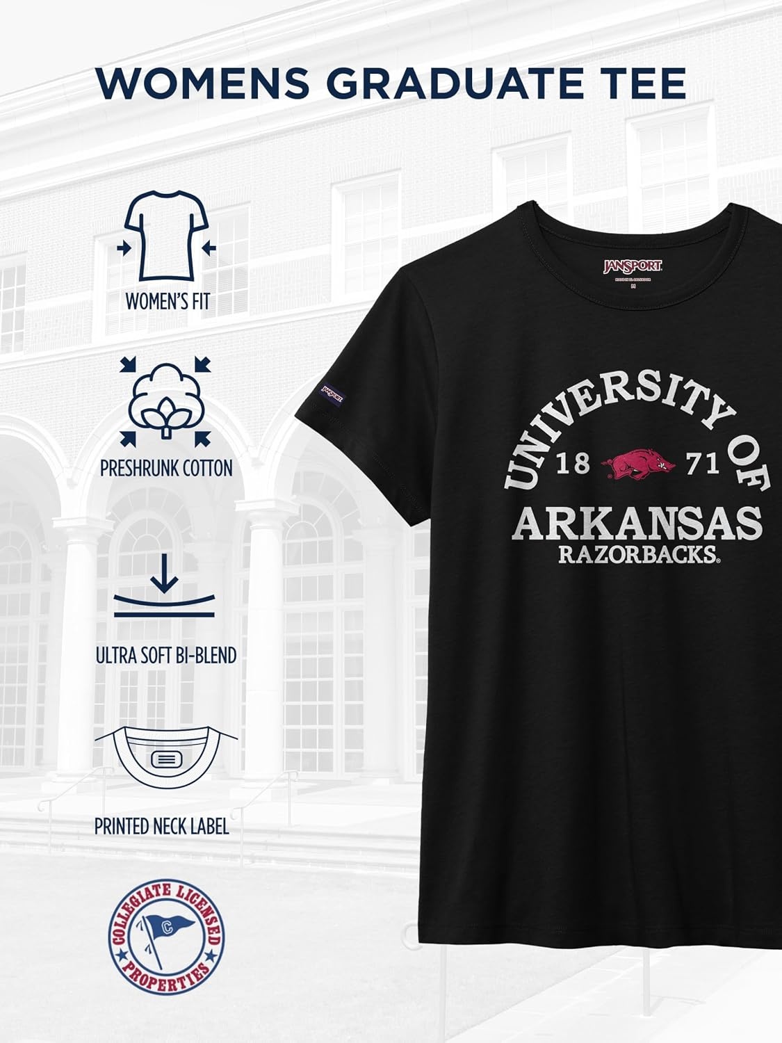 image:imageJanSport NCAA Officially Licensed Graduate Short Sleeve T Shirt for Women Soft amp Breathable CottonPolyester Blend Crewneck T Shirt with Graphic Detailing Everyday University Fan ApparelArkansas Razorbacks