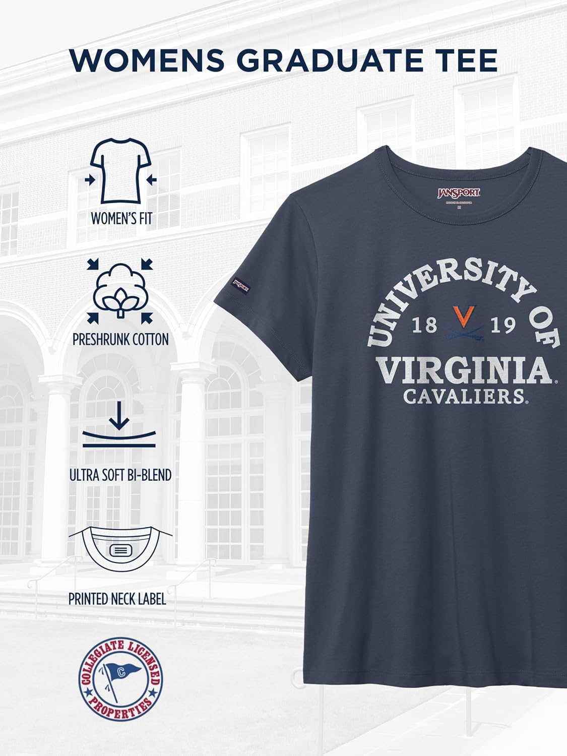 image:imageJanSport NCAA Officially Licensed Graduate Short Sleeve T Shirt for Women Soft amp Breathable CottonPolyester Blend Crewneck T Shirt with Graphic Detailing Everyday University Fan ApparelVirginia Cavaliers