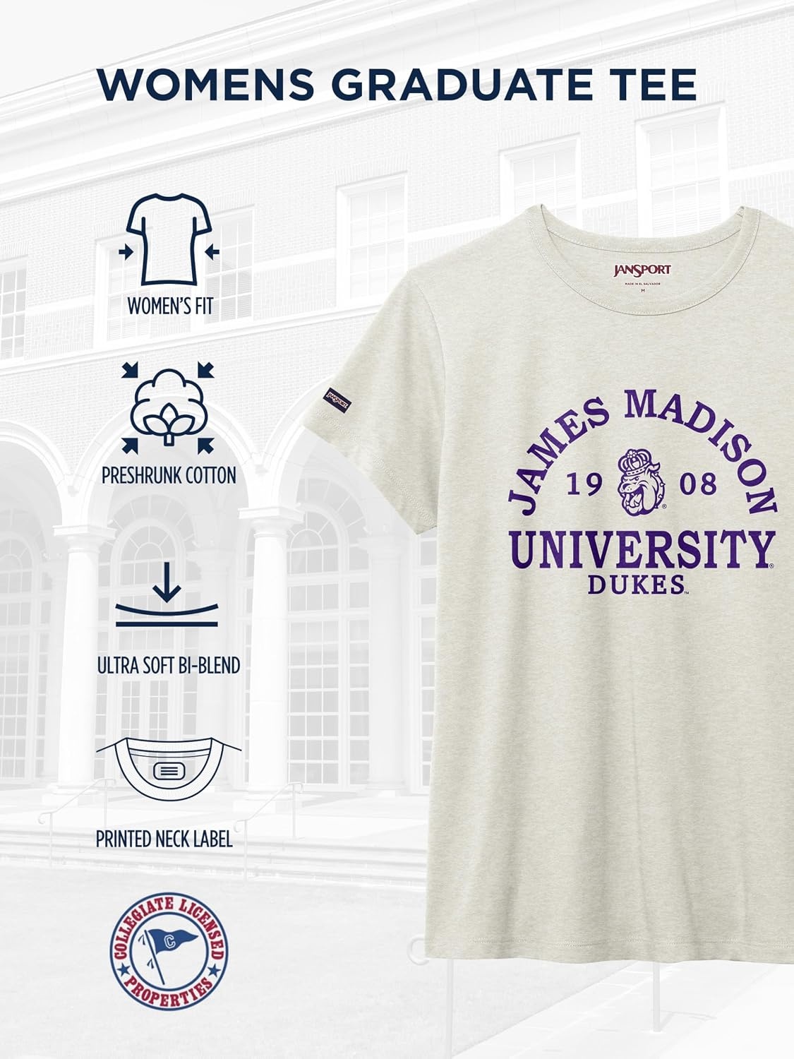 image:imageJanSport NCAA Officially Licensed Graduate Short Sleeve T Shirt for Women Soft amp Breathable CottonPolyester Blend Crewneck T Shirt with Graphic Detailing Everyday University Fan ApparelJames Madison Dukes