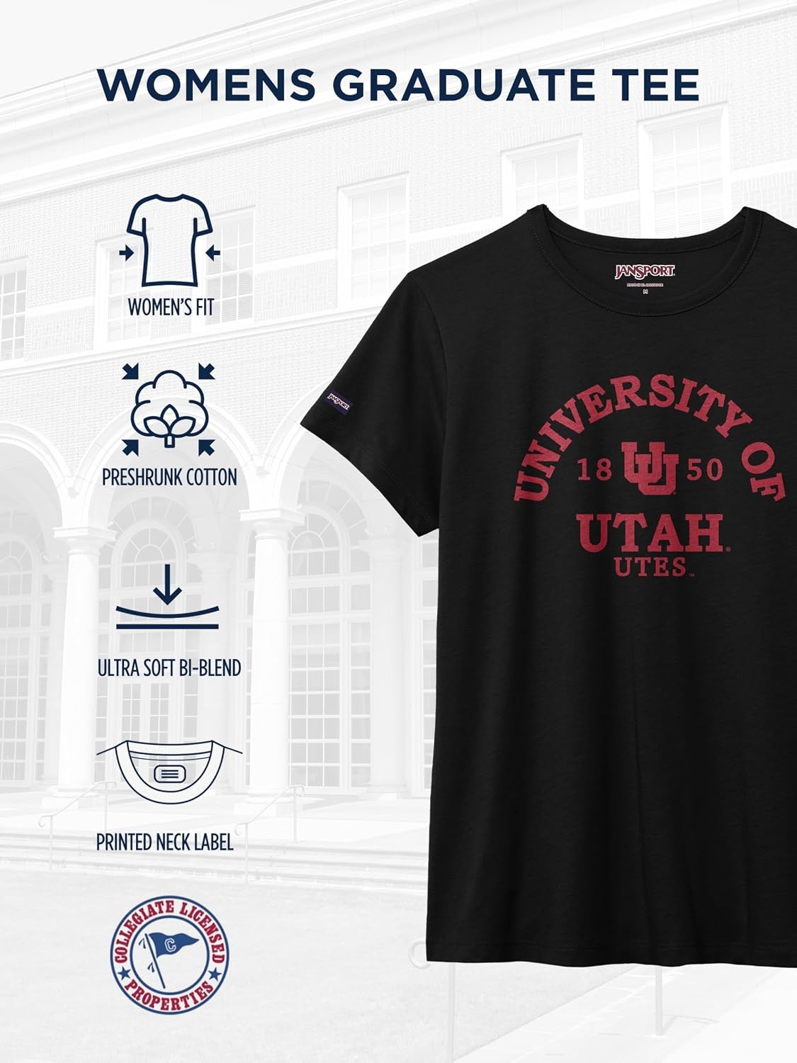 image:imageJanSport NCAA Officially Licensed Graduate Short Sleeve T Shirt for Women Soft amp Breathable CottonPolyester Blend Crewneck T Shirt with Graphic Detailing Everyday University Fan ApparelUtah Utes