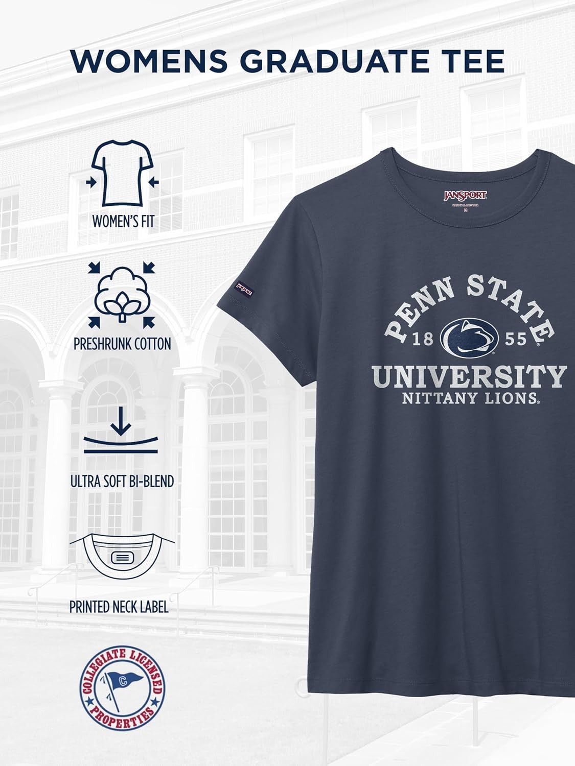 image:imageJanSport NCAA Officially Licensed Graduate Short Sleeve T Shirt for Women Soft amp Breathable CottonPolyester Blend Crewneck T Shirt with Graphic Detailing Everyday University Fan ApparelPenn State Nittany Lions