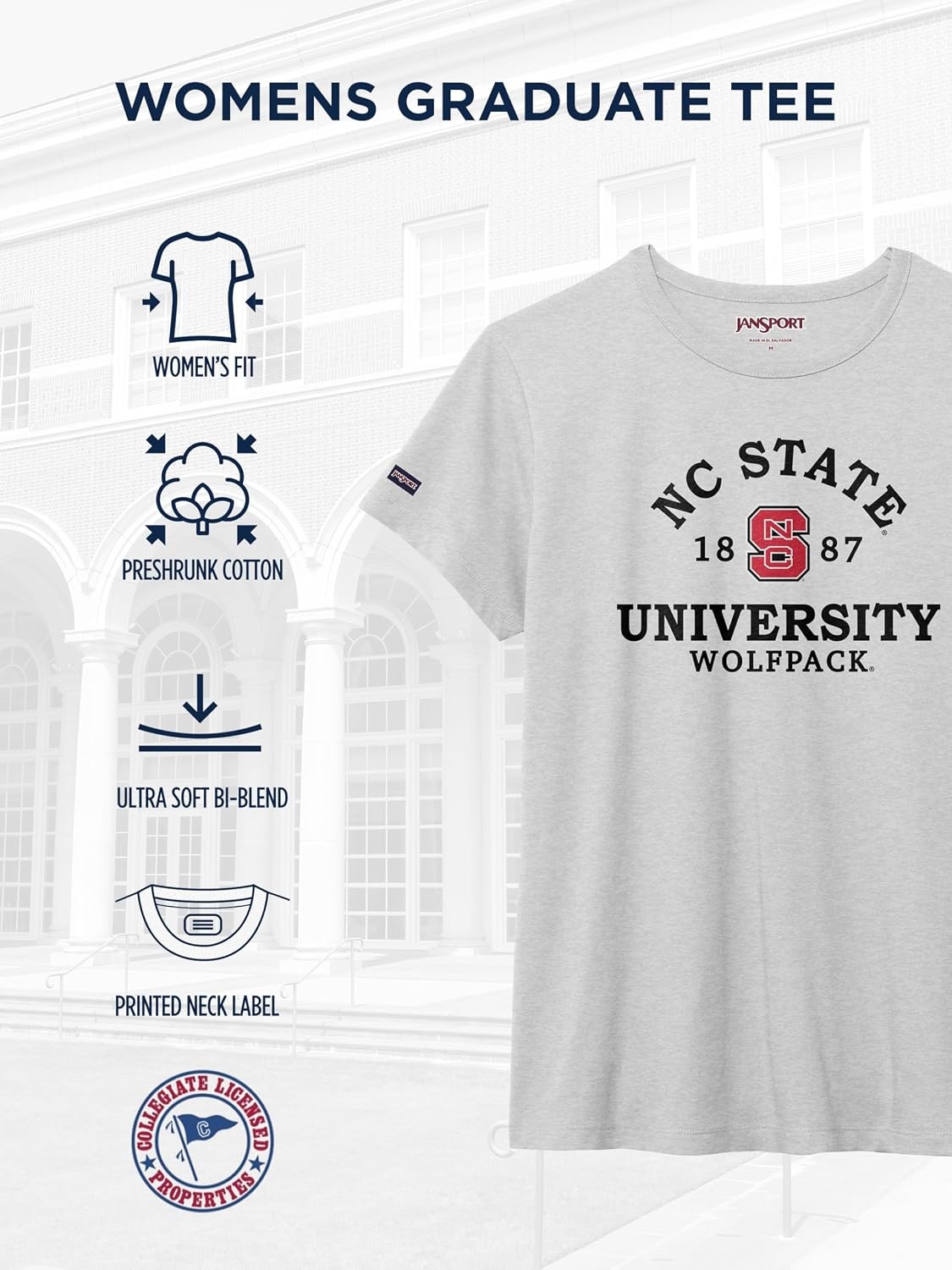 image:imageJanSport NCAA Officially Licensed Graduate Short Sleeve T Shirt for Women Soft amp Breathable CottonPolyester Blend Crewneck T Shirt with Graphic Detailing Everyday University Fan ApparelNorth Carolina State Wolfpack