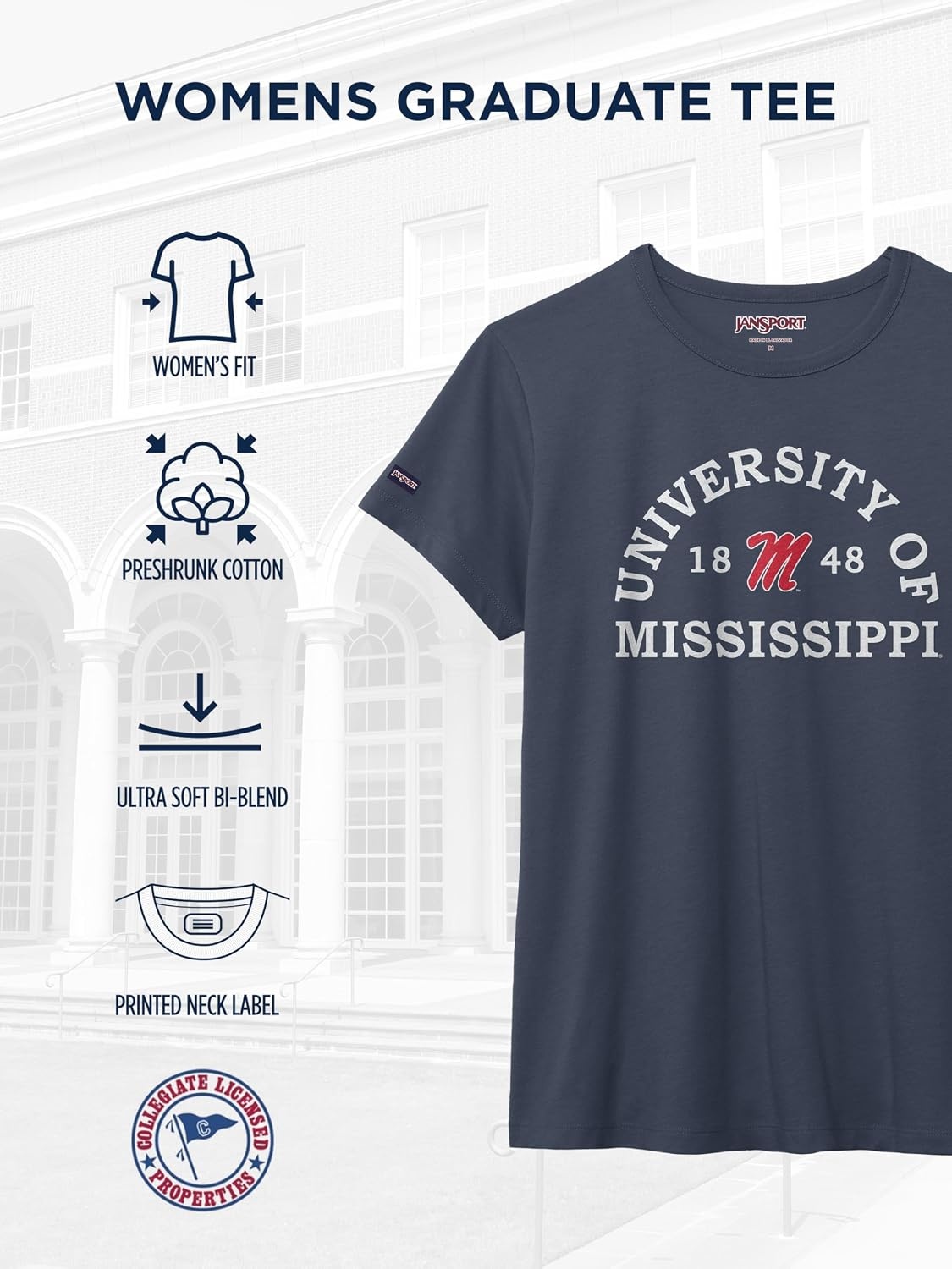 image:imageJanSport NCAA Officially Licensed Graduate Short Sleeve T Shirt for Women Soft amp Breathable CottonPolyester Blend Crewneck T Shirt with Graphic Detailing Everyday University Fan ApparelMississippi Old Miss Rebels