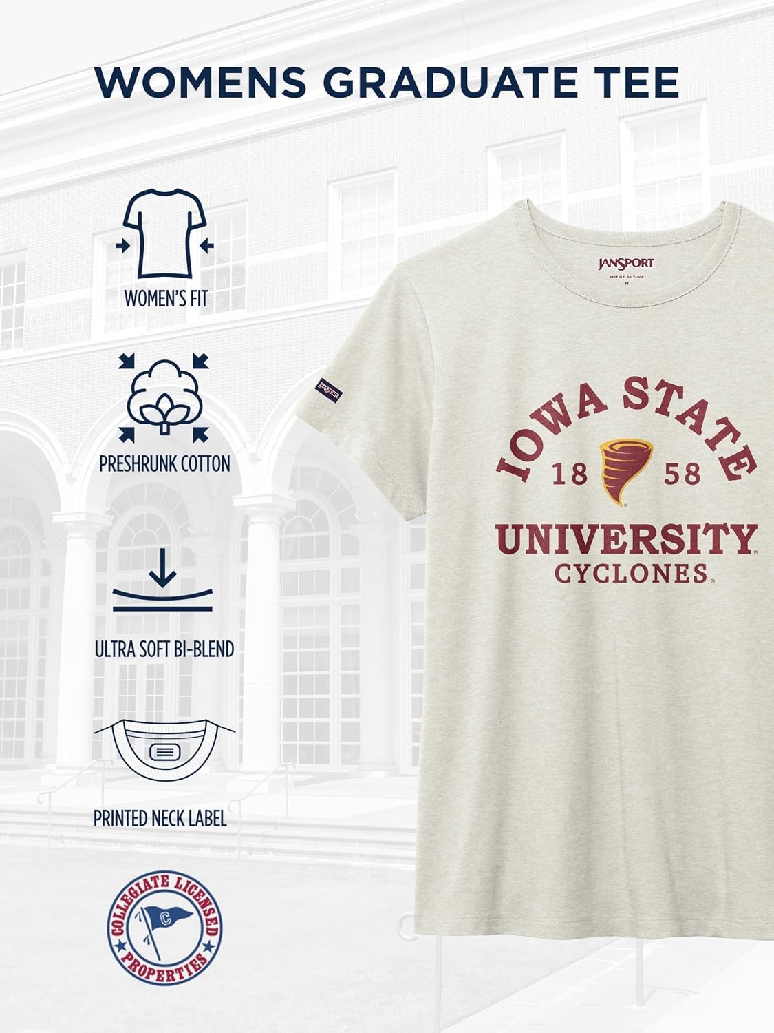 image:imageJanSport NCAA Officially Licensed Graduate Short Sleeve T Shirt for Women Soft amp Breathable CottonPolyester Blend Crewneck T Shirt with Graphic Detailing Everyday University Fan ApparelIowa State Cyclones