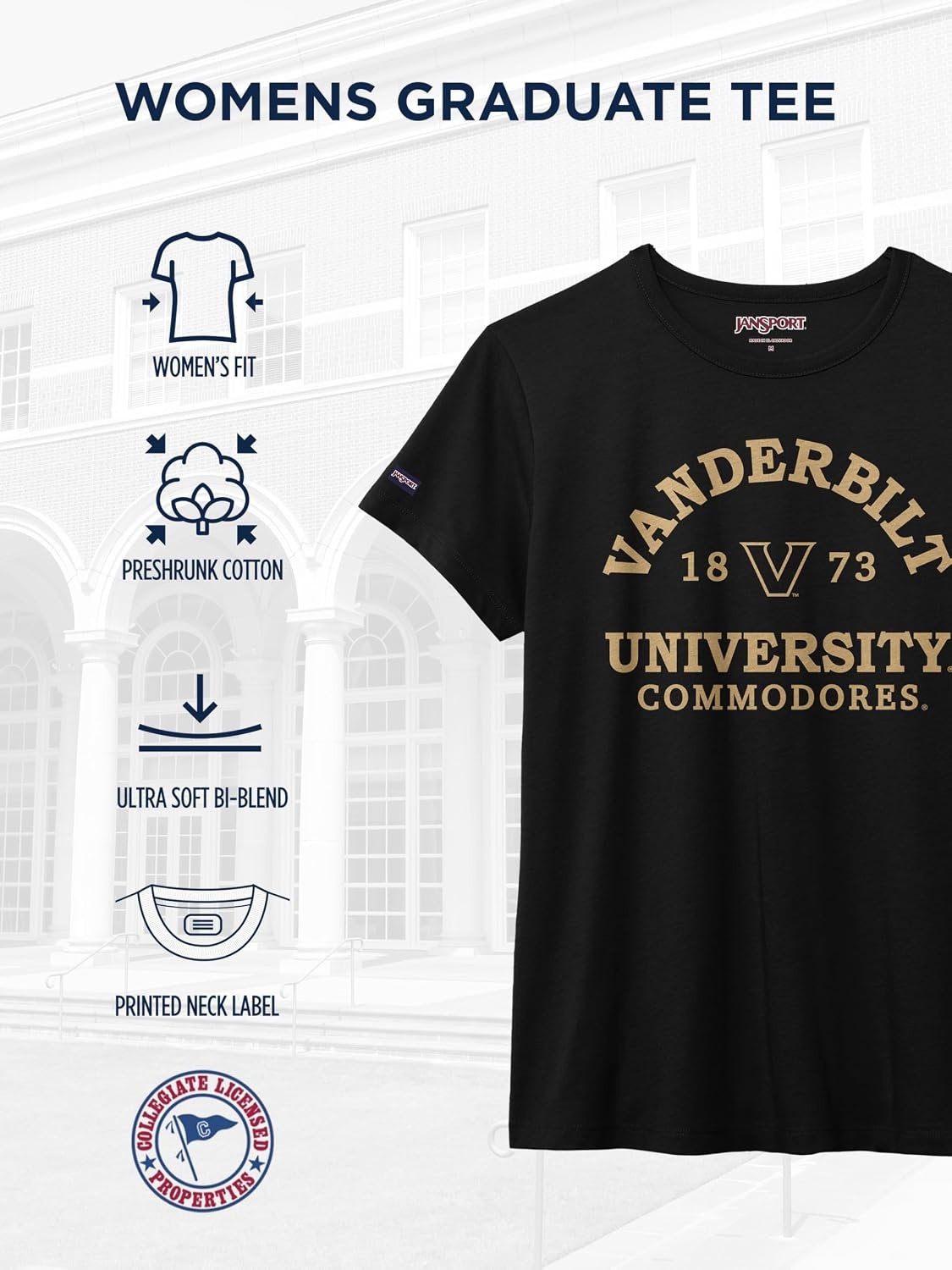 image:imageJanSport NCAA Officially Licensed Graduate Short Sleeve T Shirt for Women Soft amp Breathable CottonPolyester Blend Crewneck T Shirt with Graphic Detailing Everyday University Fan ApparelVanderbilt Commodores