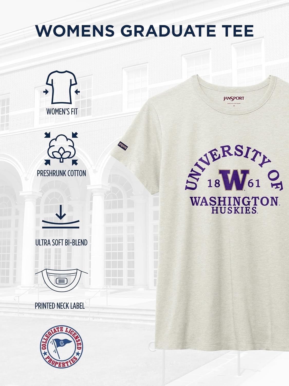 image:imageJanSport NCAA Officially Licensed Graduate Short Sleeve T Shirt for Women Soft amp Breathable CottonPolyester Blend Crewneck T Shirt with Graphic Detailing Everyday University Fan ApparelWashington Huskies