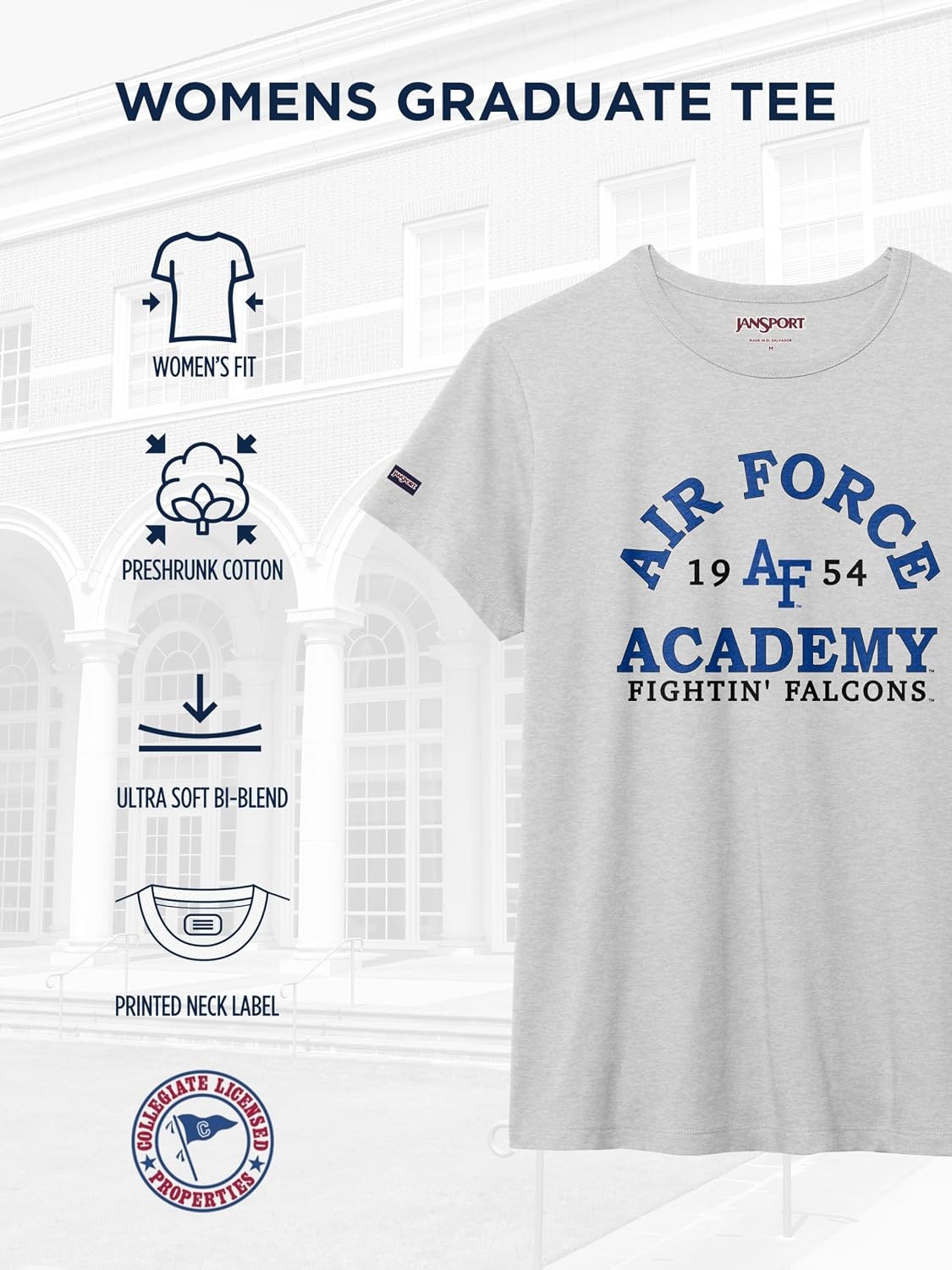 image:imageJanSport NCAA Officially Licensed Graduate Short Sleeve T Shirt for Women Soft amp Breathable CottonPolyester Blend Crewneck T Shirt with Graphic Detailing Everyday University Fan ApparelAir Force Falcons