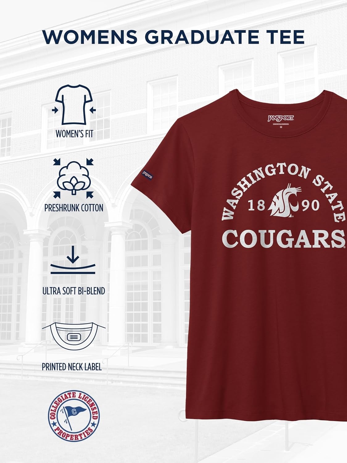 image:imageJanSport NCAA Officially Licensed Graduate Short Sleeve T Shirt for Women Soft amp Breathable CottonPolyester Blend Crewneck T Shirt with Graphic Detailing Everyday University Fan ApparelWashington State Cougars