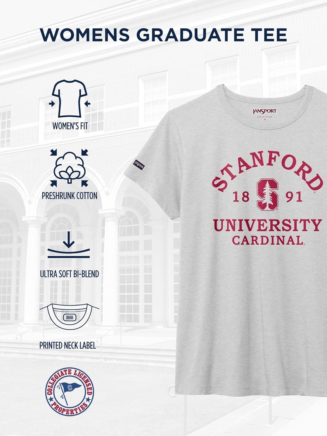 image:imageJanSport NCAA Officially Licensed Graduate Short Sleeve T Shirt for Women Soft amp Breathable CottonPolyester Blend Crewneck T Shirt with Graphic Detailing Everyday University Fan ApparelStanford Cardinal