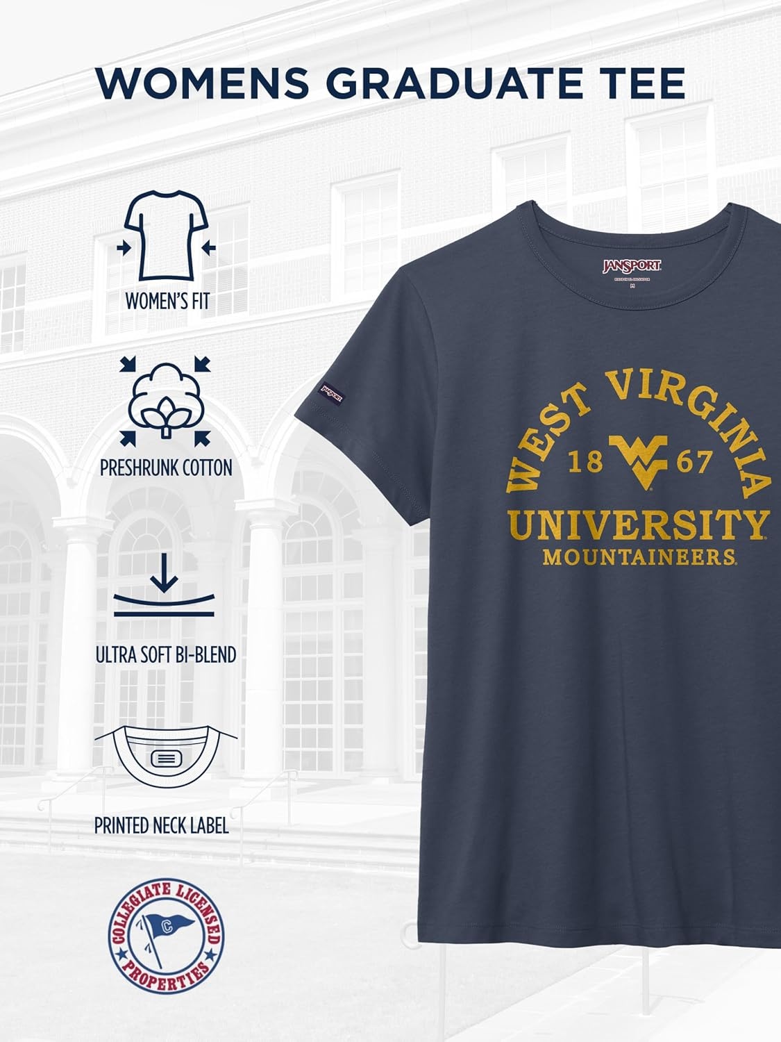 image:imageJanSport NCAA Officially Licensed Graduate Short Sleeve T Shirt for Women Soft amp Breathable CottonPolyester Blend Crewneck T Shirt with Graphic Detailing Everyday University Fan ApparelWest Virginia Mountaineers