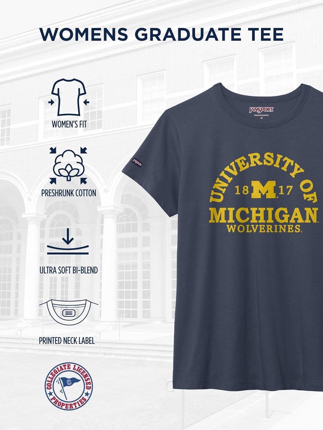 image:imageJanSport NCAA Officially Licensed Graduate Short Sleeve T Shirt for Women Soft amp Breathable CottonPolyester Blend Crewneck T Shirt with Graphic Detailing Everyday University Fan ApparelMichigan Wolverines