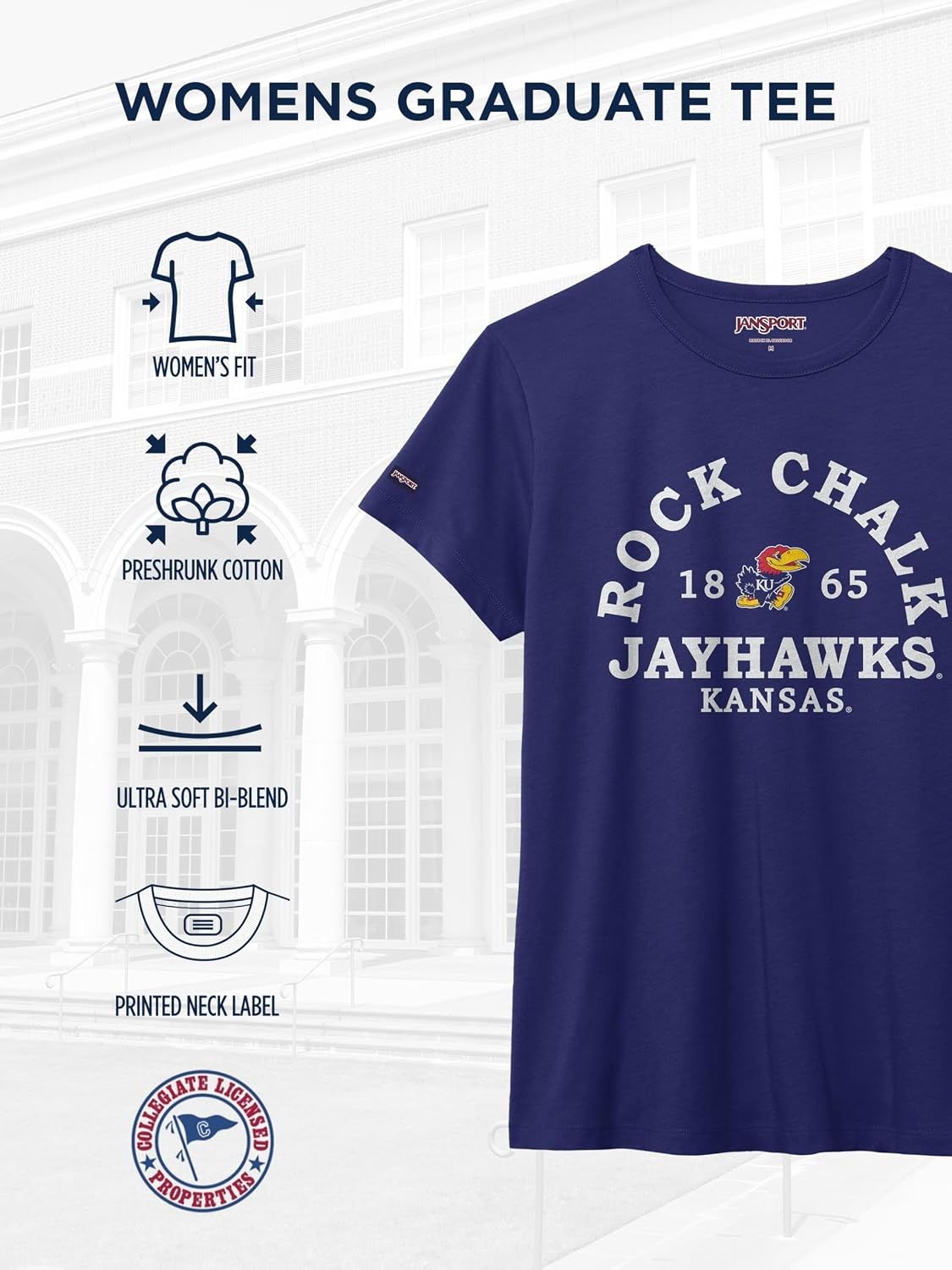 image:imageJanSport NCAA Officially Licensed Graduate Short Sleeve T Shirt for Women Soft amp Breathable CottonPolyester Blend Crewneck T Shirt with Graphic Detailing Everyday University Fan ApparelKansas Jayhawks