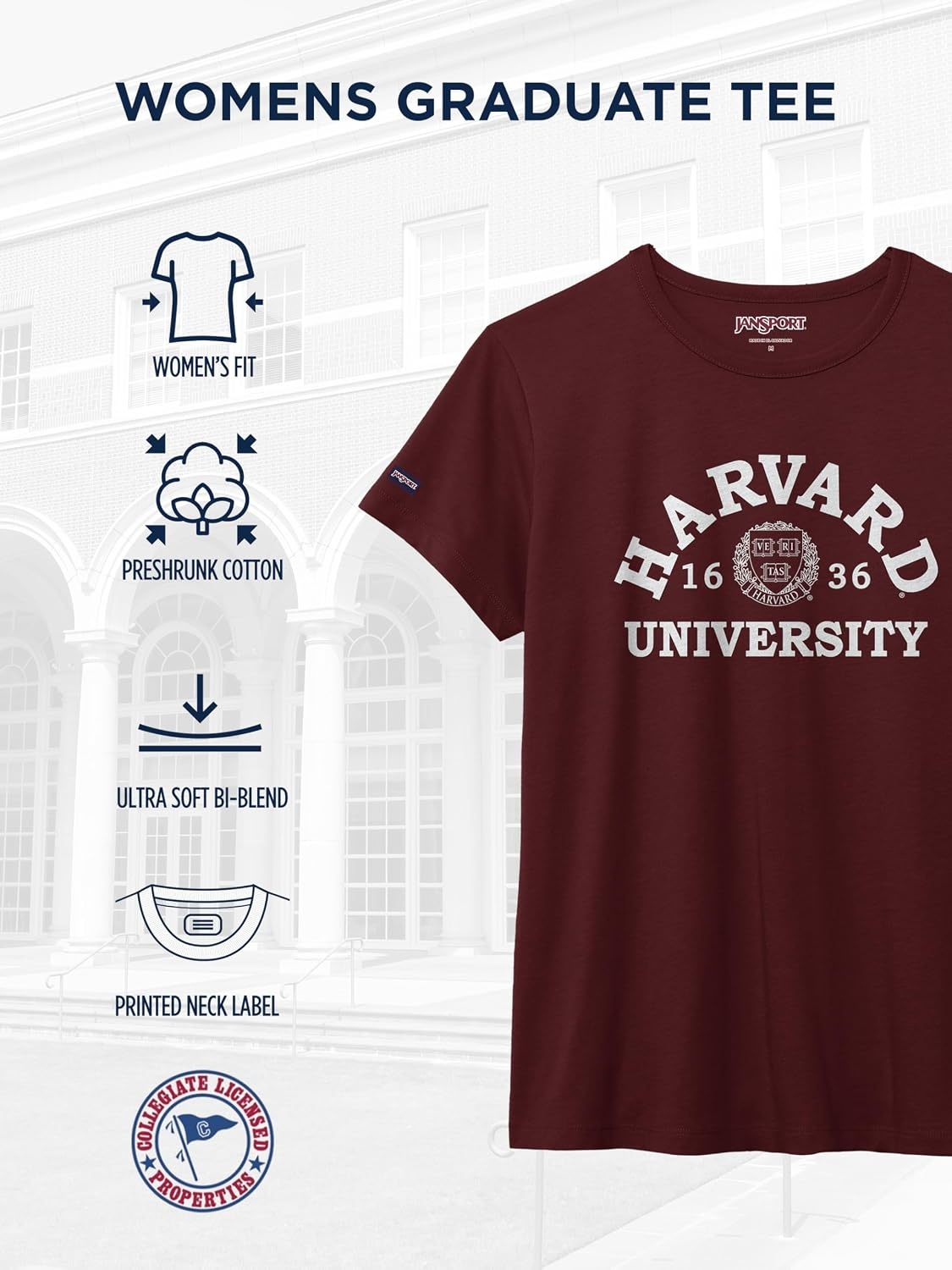 image:imageJanSport NCAA Officially Licensed Graduate Short Sleeve T Shirt for Women Soft amp Breathable CottonPolyester Blend Crewneck T Shirt with Graphic Detailing Everyday University Fan ApparelHarvard Crimson
