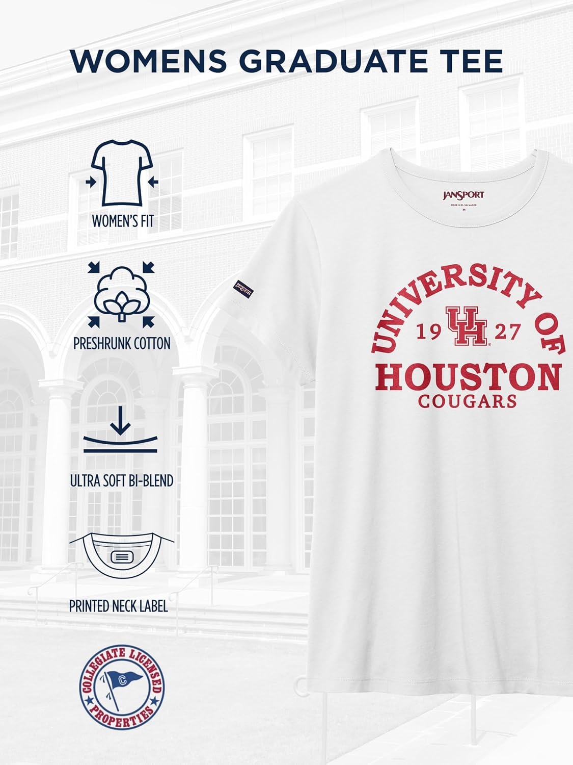 image:imageJanSport NCAA Officially Licensed Graduate Short Sleeve T Shirt for Women Soft amp Breathable CottonPolyester Blend Crewneck T Shirt with Graphic Detailing Everyday University Fan ApparelHouston Cougars
