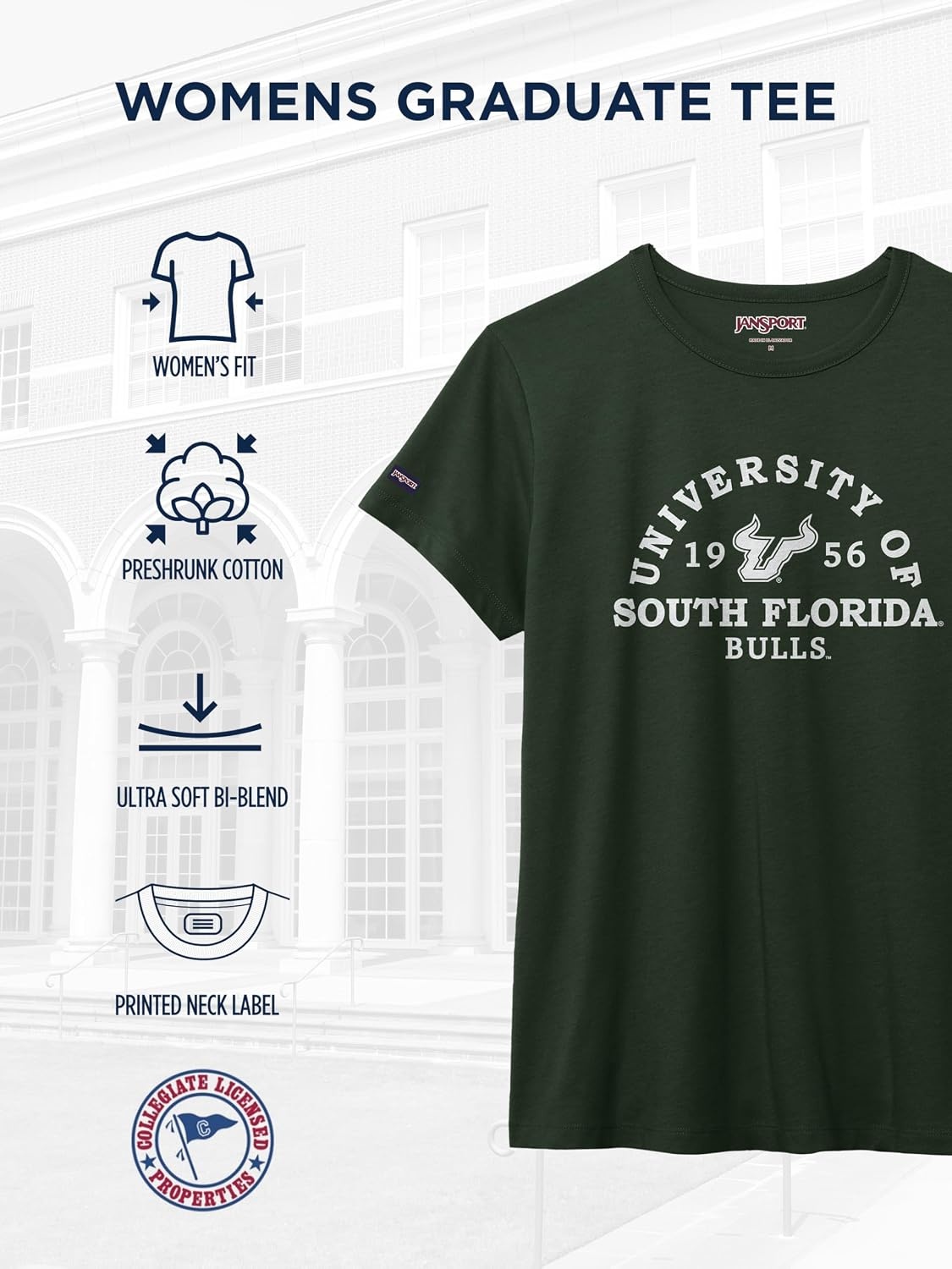 image:imageJanSport NCAA Officially Licensed Graduate Short Sleeve T Shirt for Women Soft amp Breathable CottonPolyester Blend Crewneck T Shirt with Graphic Detailing Everyday University Fan ApparelSouth Florida Bulls