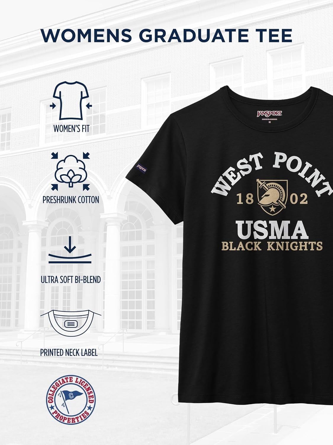 image:imageJanSport NCAA Officially Licensed Graduate Short Sleeve T Shirt for Women Soft amp Breathable CottonPolyester Blend Crewneck T Shirt with Graphic Detailing Everyday University Fan ApparelArmy Black Knights