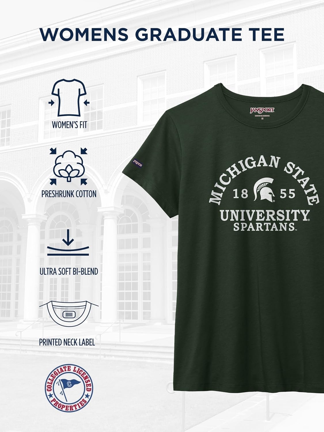 image:imageJanSport NCAA Officially Licensed Graduate Short Sleeve T Shirt for Women Soft amp Breathable CottonPolyester Blend Crewneck T Shirt with Graphic Detailing Everyday University Fan ApparelMichigan State Spartans
