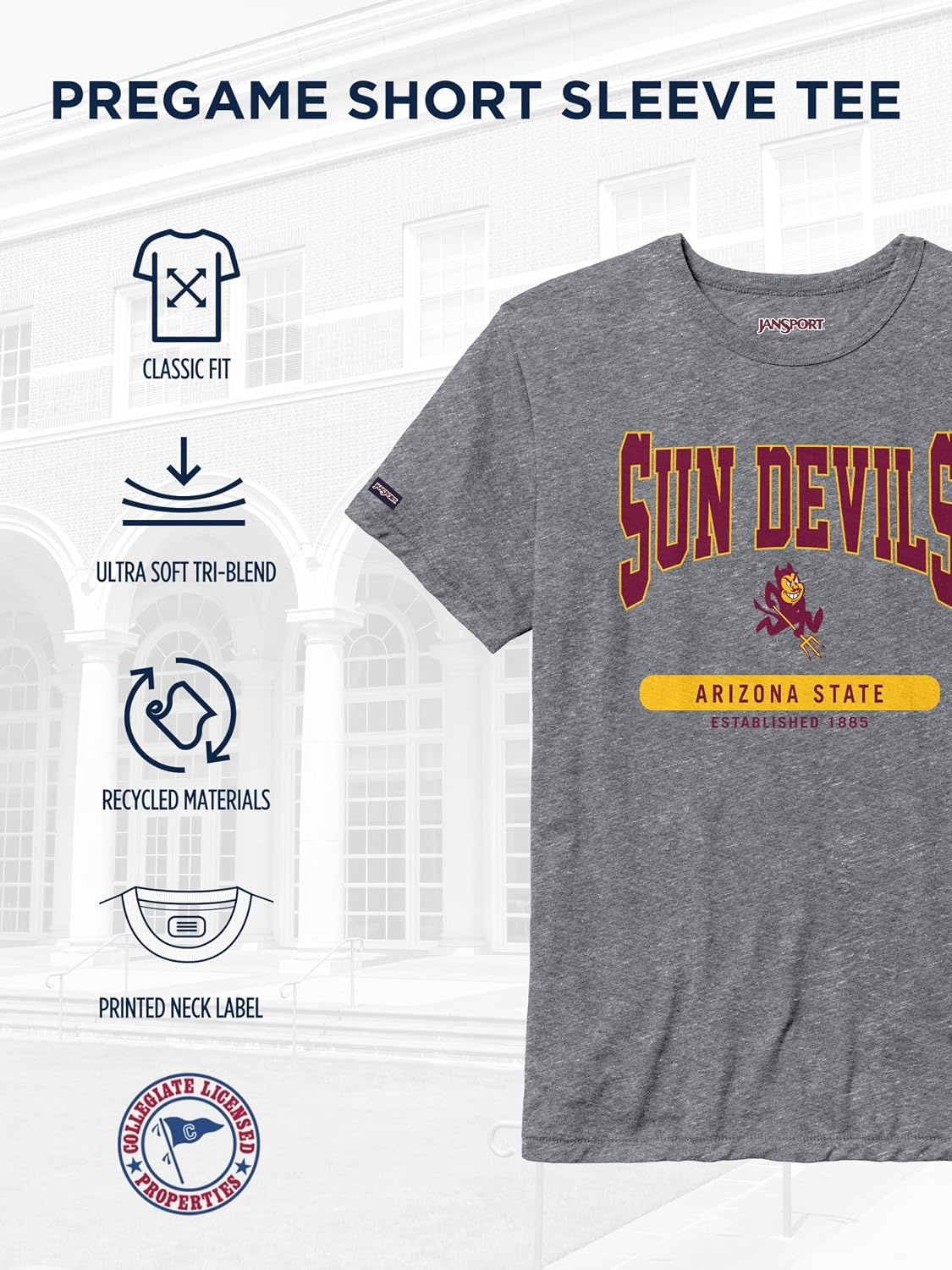 image:imageJanSport NCAA Officially Licensed Pregame Short Sleeve T Shirt for Men Soft amp Breathable Triblend Crewneck T ShirtArizona State Sun Devils