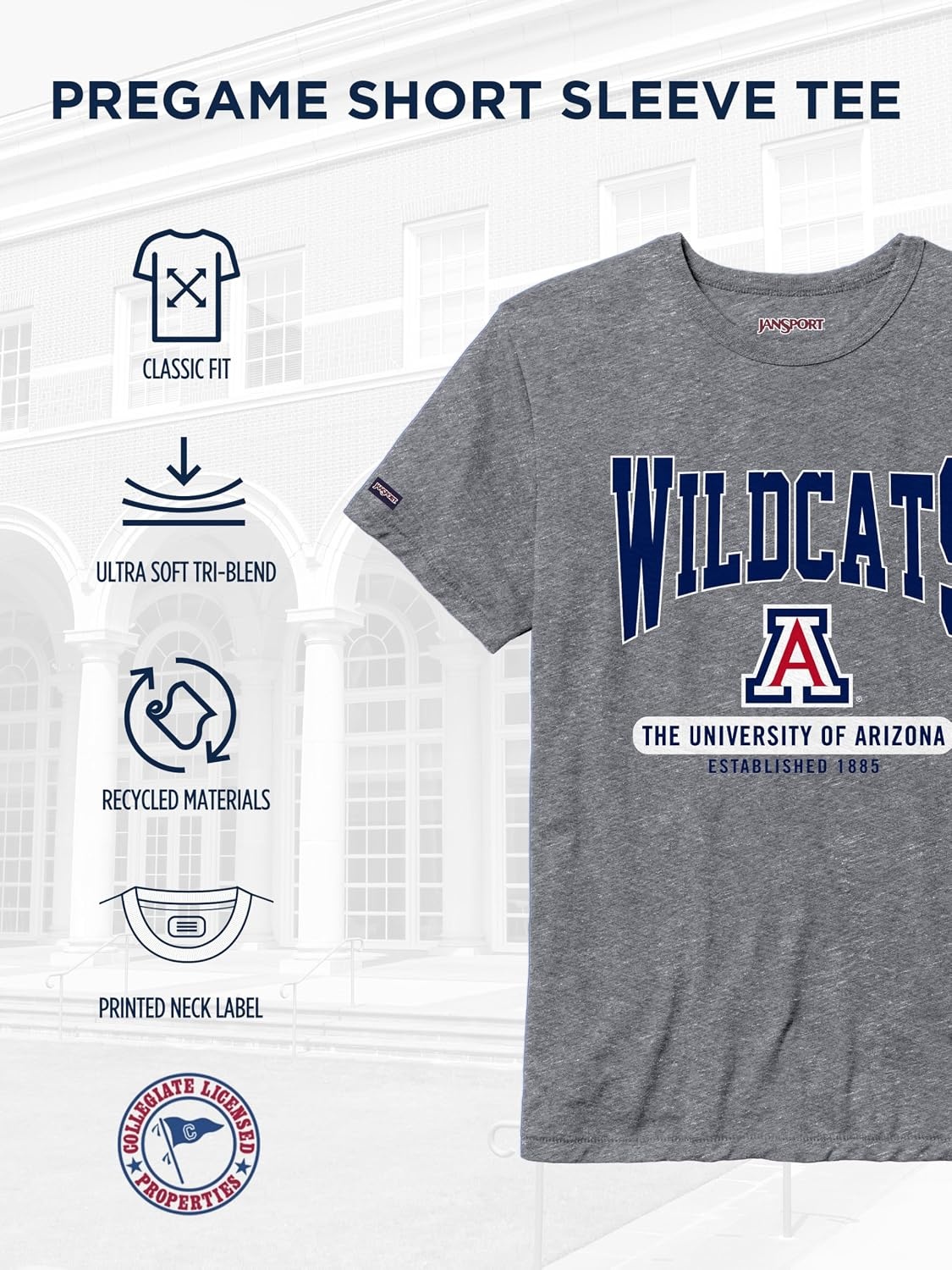 image:imageJanSport NCAA Officially Licensed Pregame Short Sleeve T Shirt for Men Soft amp Breathable Triblend Crewneck T ShirtArizona Wildcats