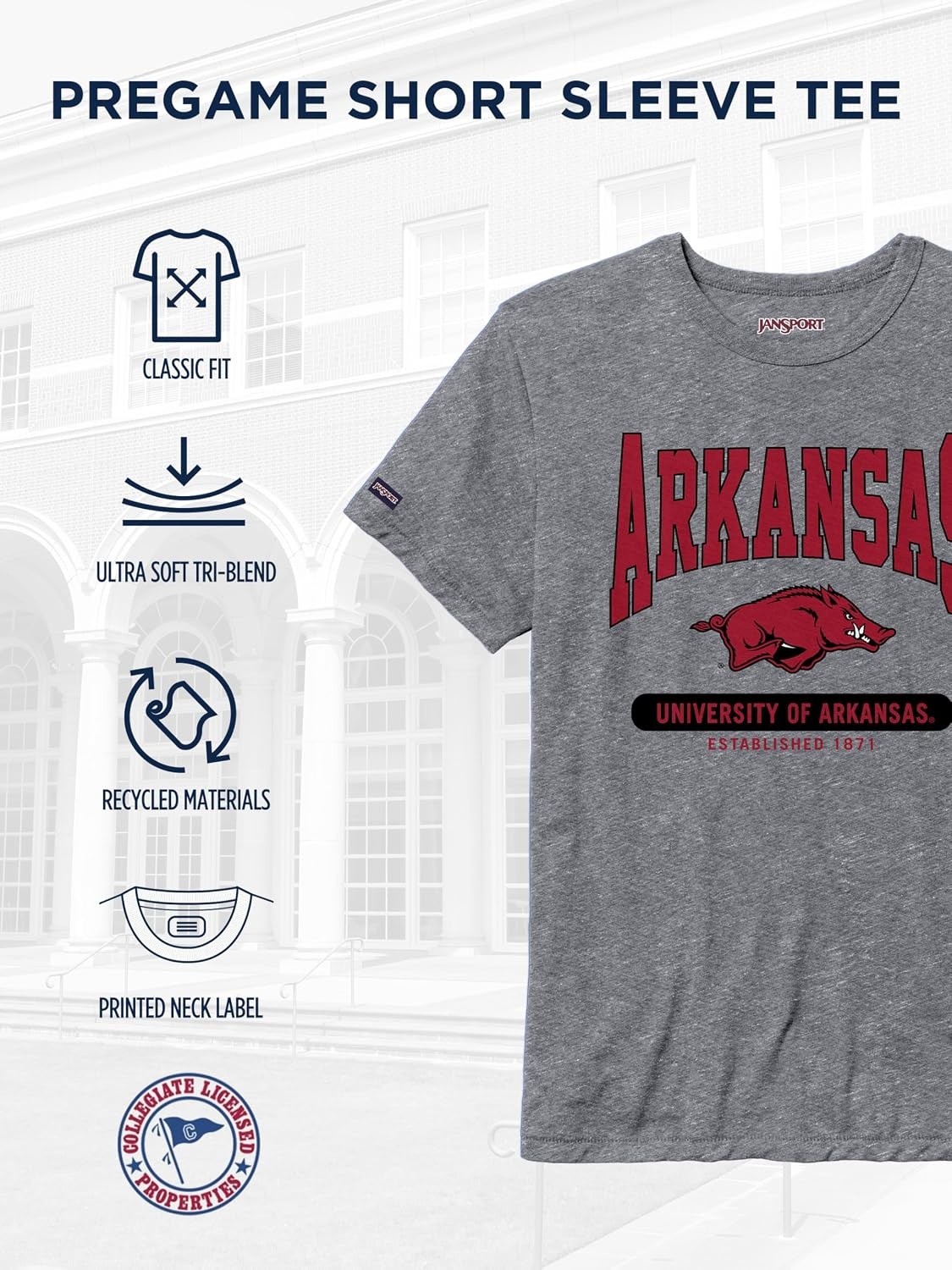 image:imageJanSport NCAA Officially Licensed Pregame Short Sleeve T Shirt for Men Soft amp Breathable Triblend Crewneck T ShirtArkansas Razorbacks