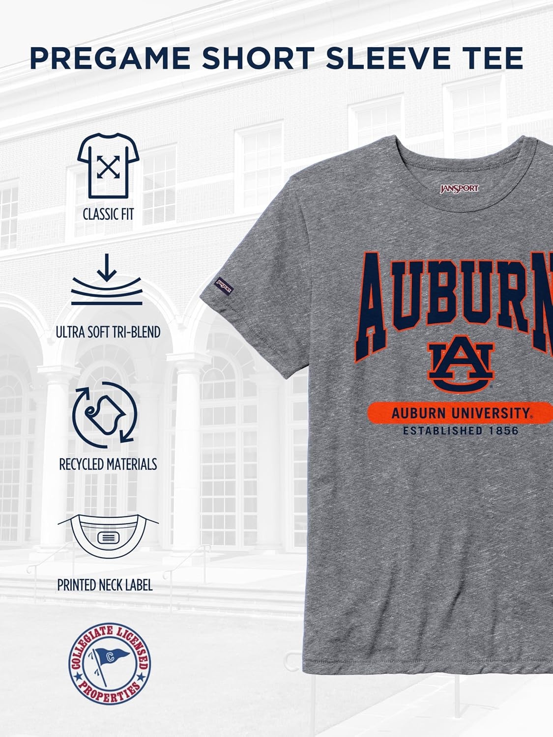 image:imageJanSport NCAA Officially Licensed Pregame Short Sleeve T Shirt for Men Soft amp Breathable Triblend Crewneck T ShirtAuburn Tigers