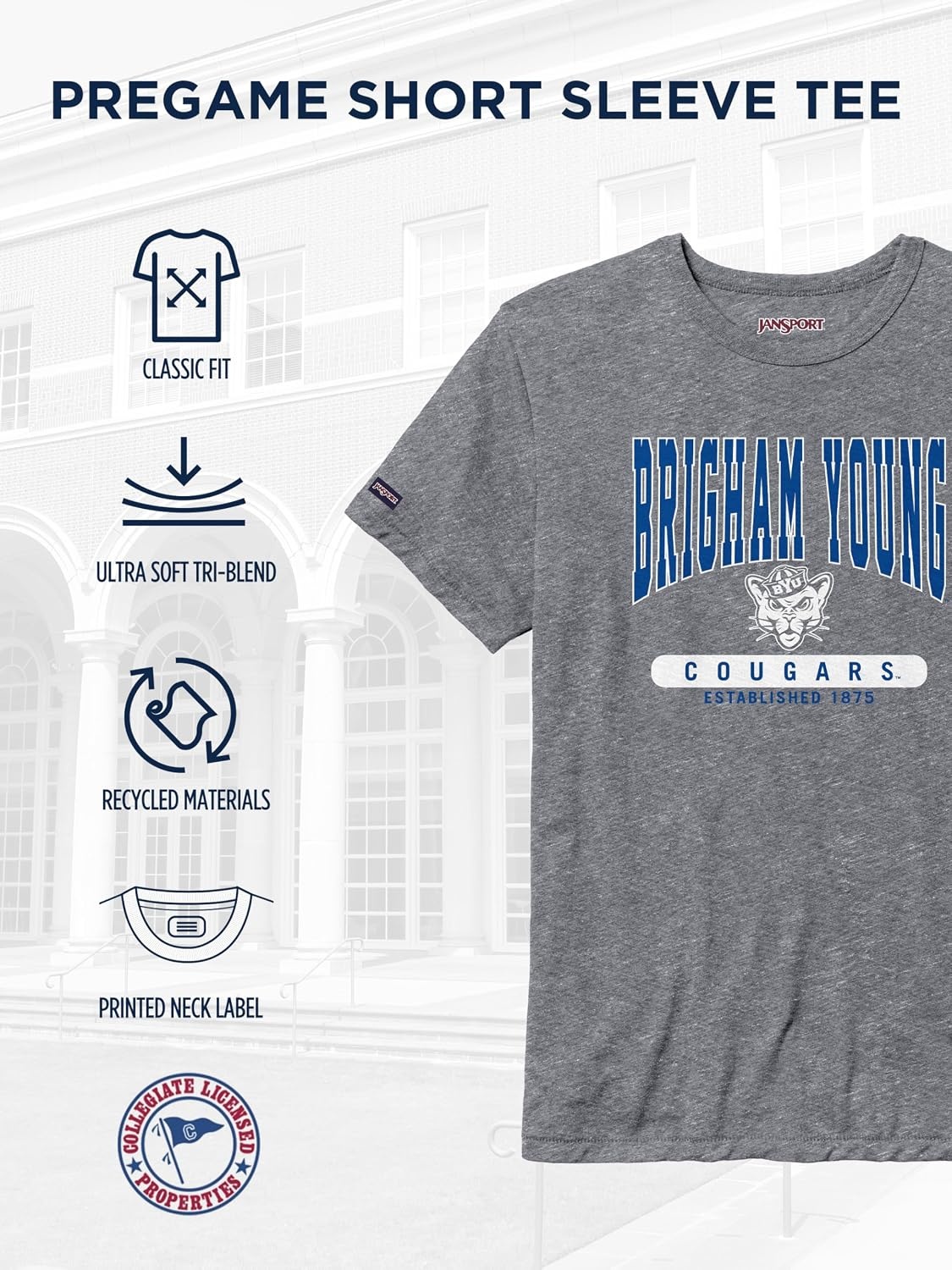 image:imageJanSport NCAA Officially Licensed Pregame Short Sleeve T Shirt for Men Soft amp Breathable Triblend Crewneck T ShirtBYU Cougars