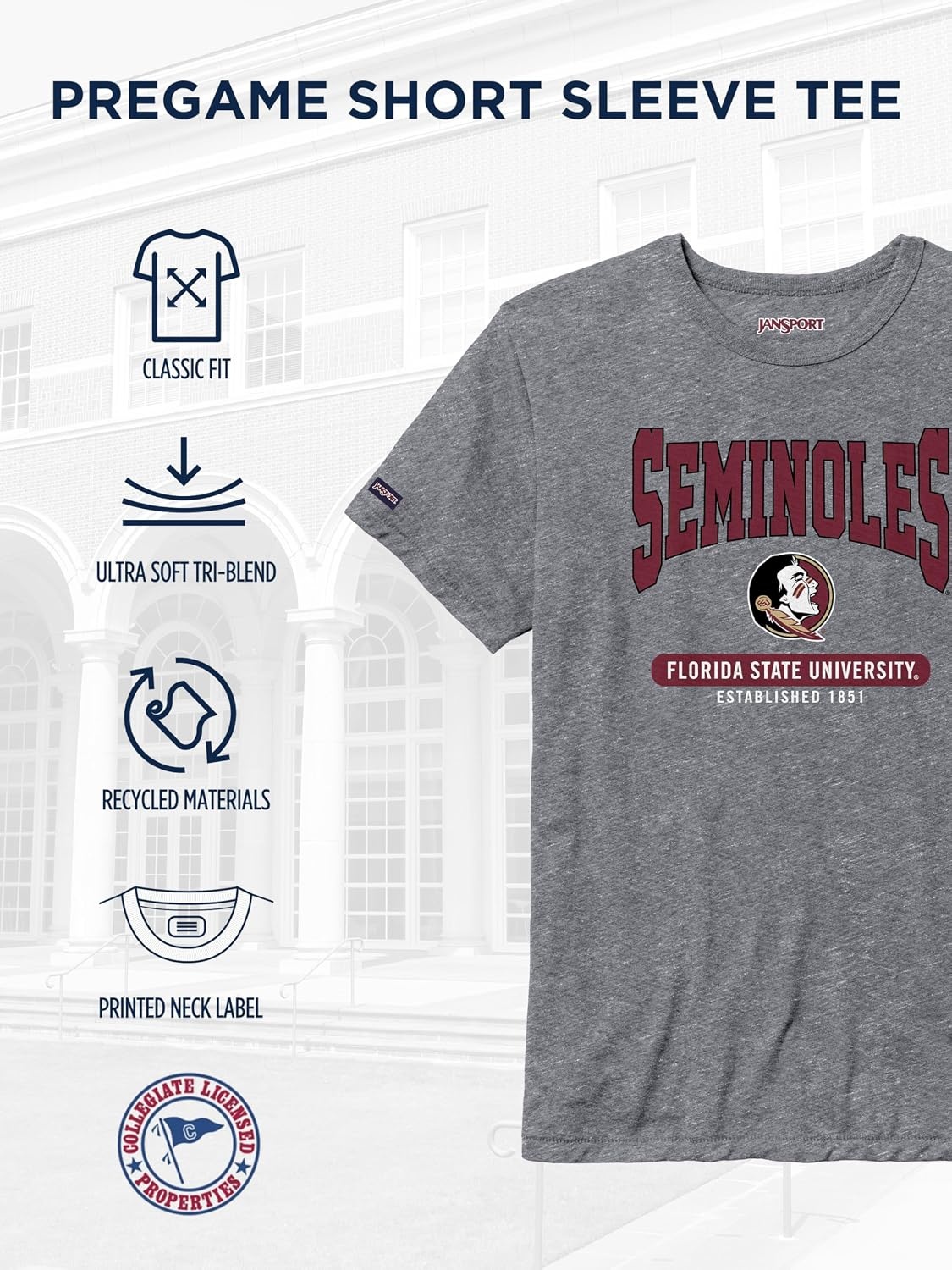 image:imageJanSport NCAA Officially Licensed Pregame Short Sleeve T Shirt for Men Soft amp Breathable Triblend Crewneck T ShirtFlorida State Seminoles