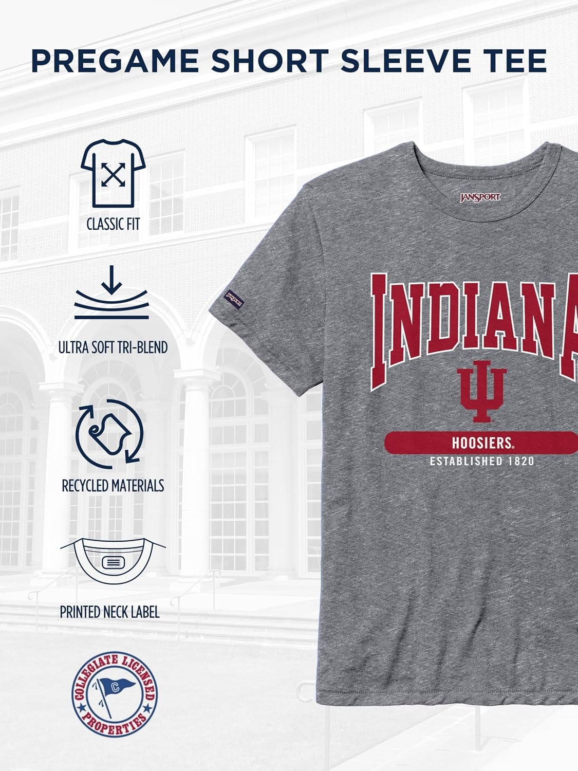 image:imageJanSport NCAA Officially Licensed Pregame Short Sleeve T Shirt for Men Soft amp Breathable Triblend Crewneck T ShirtIndiana Hoosiers