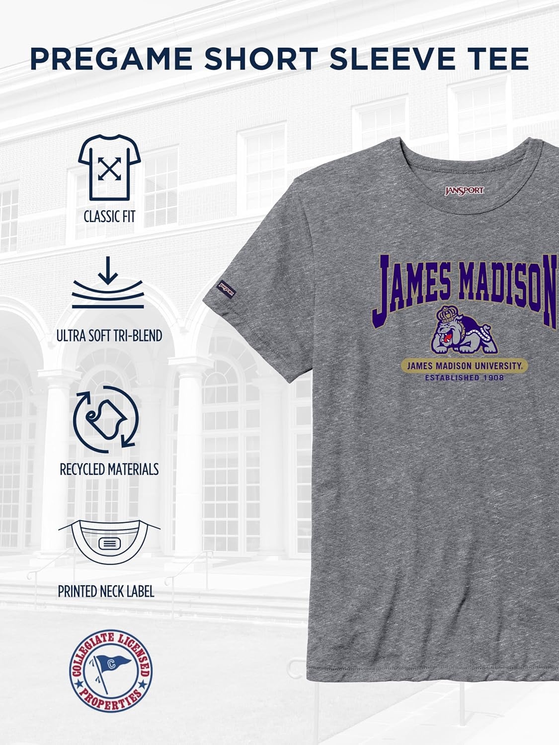 image:imageJanSport NCAA Officially Licensed Pregame Short Sleeve T Shirt for Men Soft amp Breathable Triblend Crewneck T ShirtJames Madison Dukes