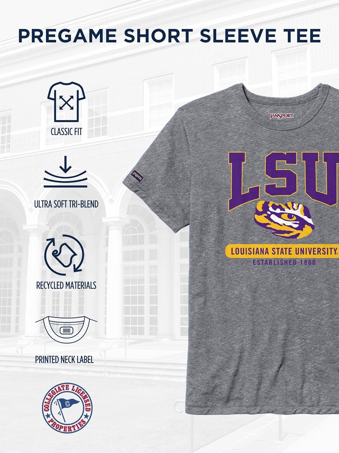 image:imageJanSport NCAA Officially Licensed Pregame Short Sleeve T Shirt for Men Soft amp Breathable Triblend Crewneck T ShirtLSU Tigers