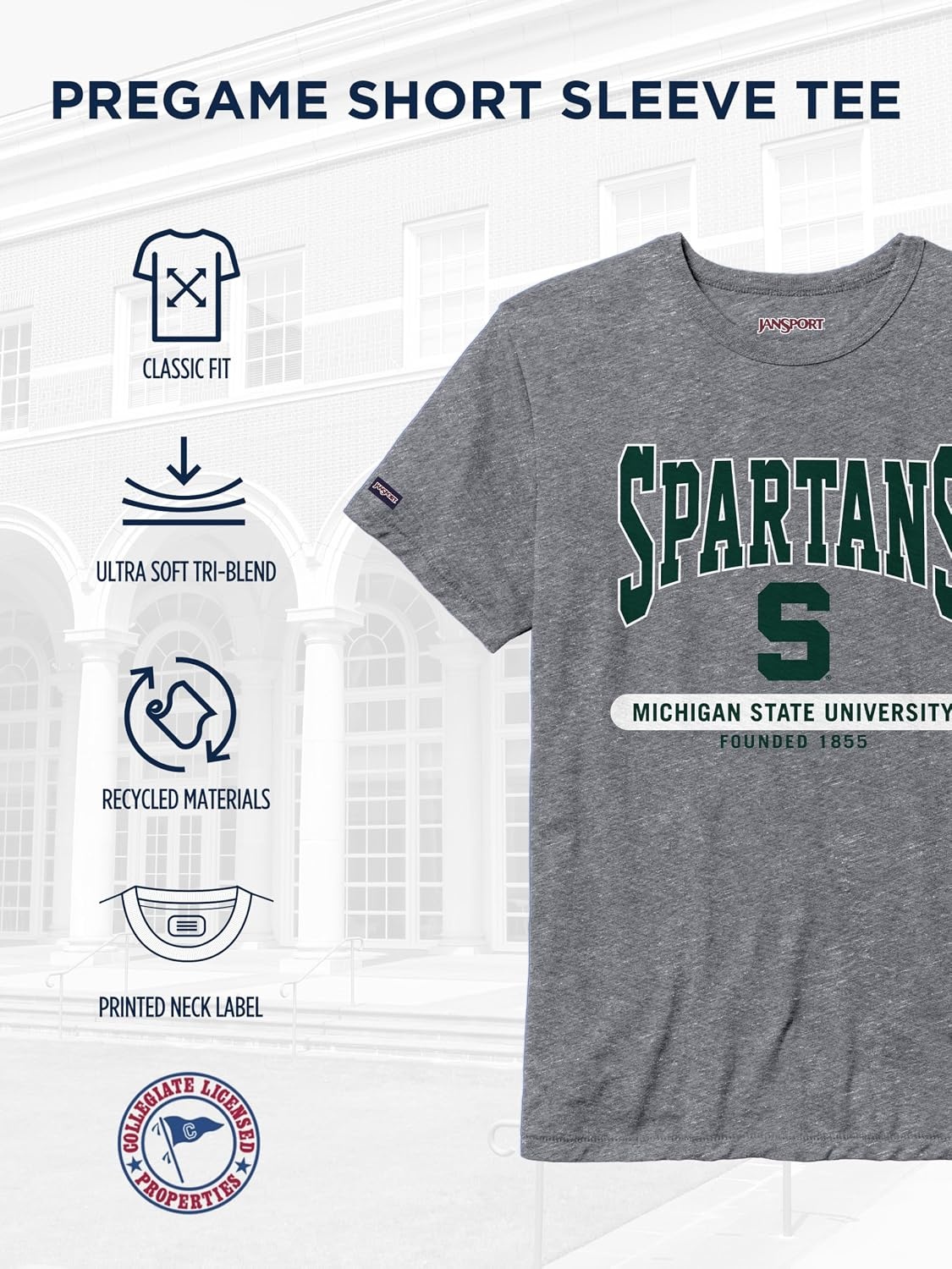 image:imageJanSport NCAA Officially Licensed Pregame Short Sleeve T Shirt for Men Soft amp Breathable Triblend Crewneck T ShirtMichigan State Spartans
