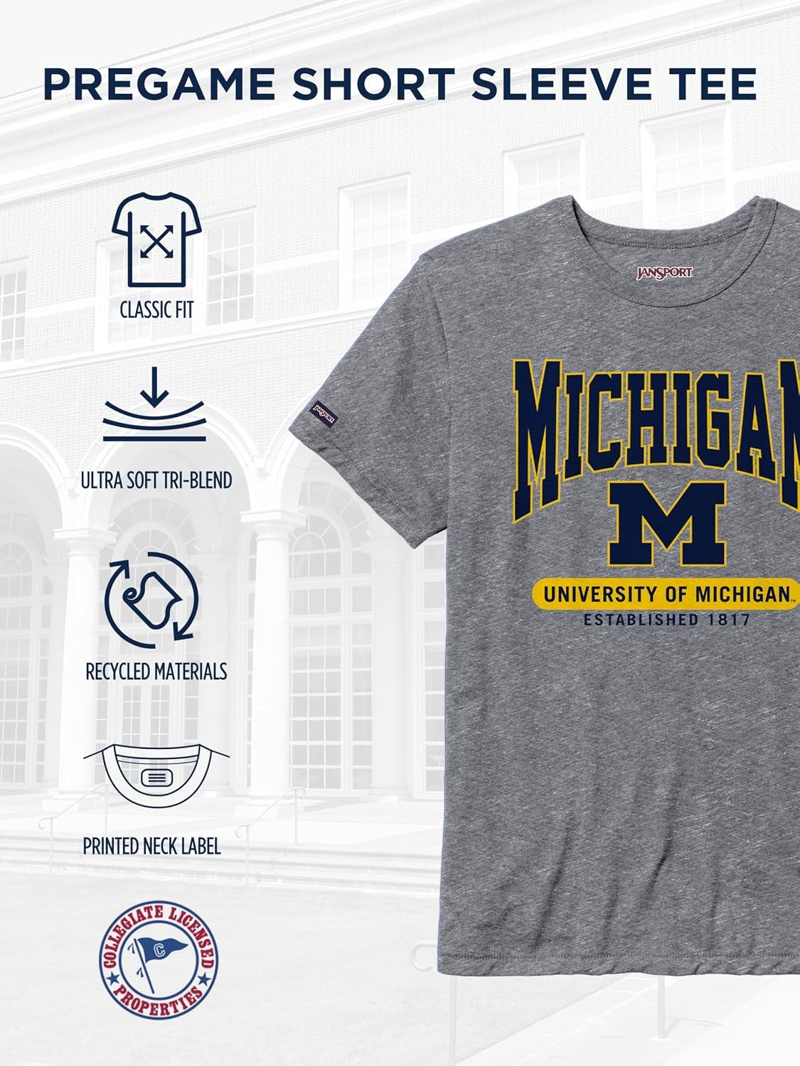 image:imageJanSport NCAA Officially Licensed Pregame Short Sleeve T Shirt for Men Soft amp Breathable Triblend Crewneck T ShirtMichigan Wolverines